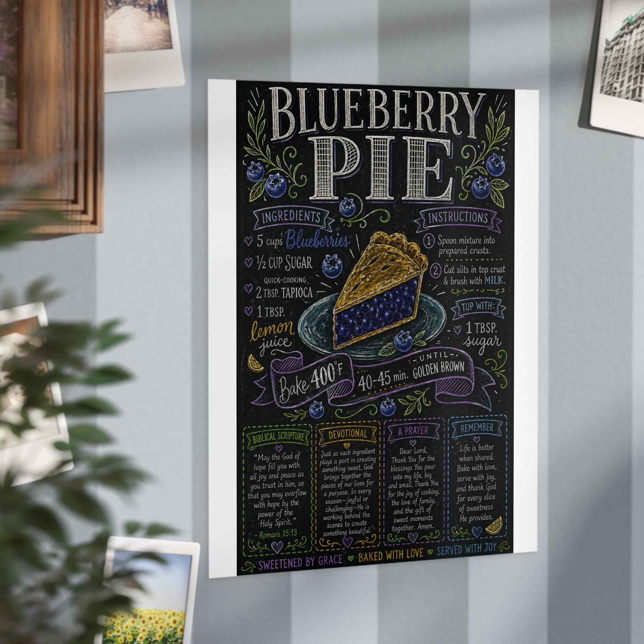 Blueberry Pie Recipe Print Unframed | Kitchen Art, Chalkboard Style