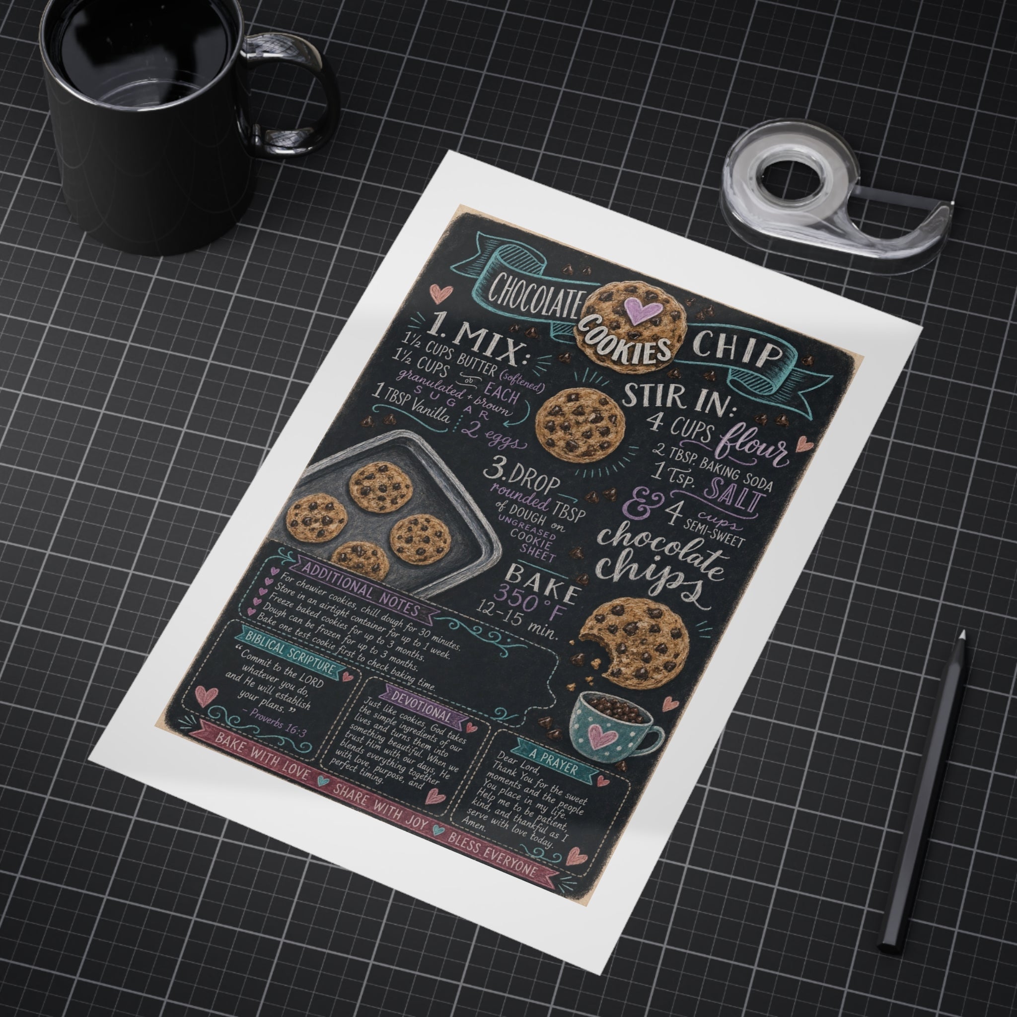 Chocolate Chip Cookies Recipe Print — Chalkboard Kitchen Art (Unframed)