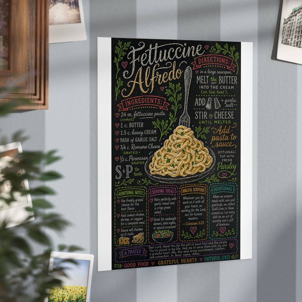 Fettuccine Alfredo Recipe Print Unframed | Pasta Kitchen Chalkboard Art