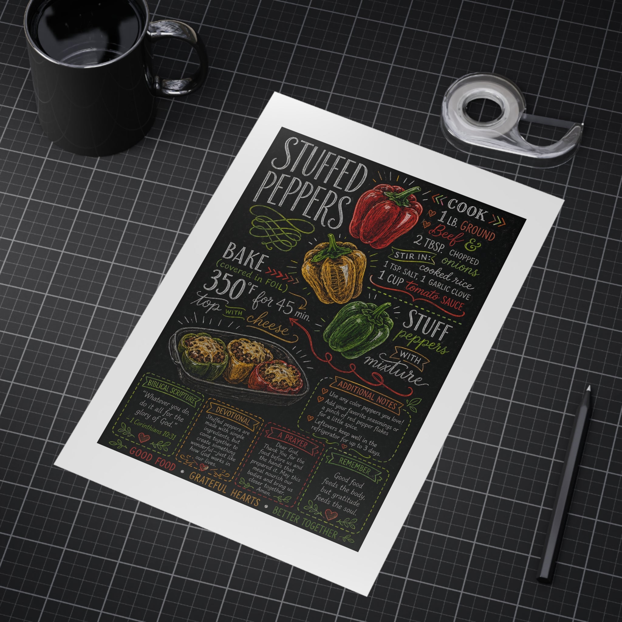 Stuffed Peppers Recipe Print Unframed | Kitchen Art, Chalkboard Recipe Poster