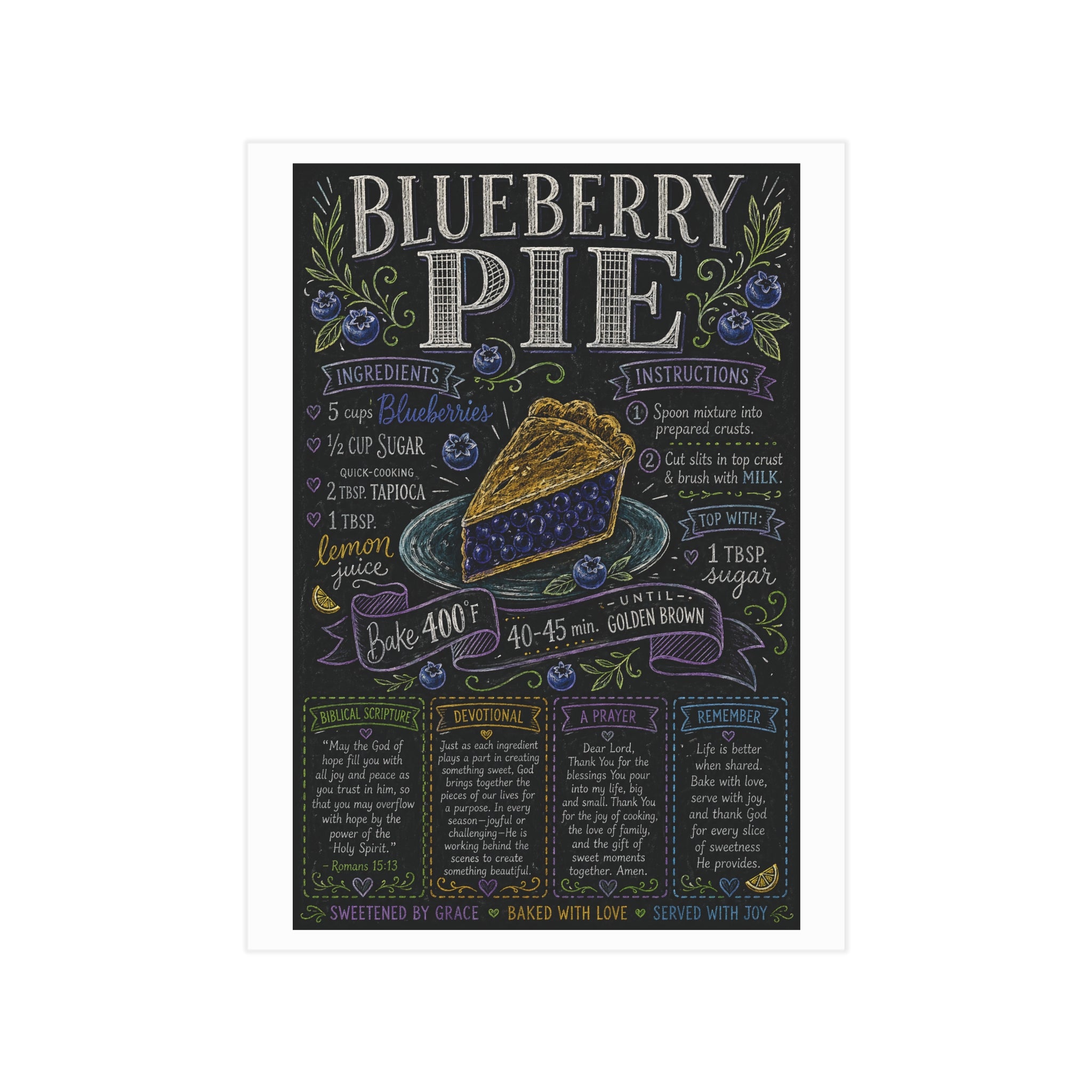 Blueberry Pie Recipe Print Unframed | Kitchen Art, Chalkboard Style