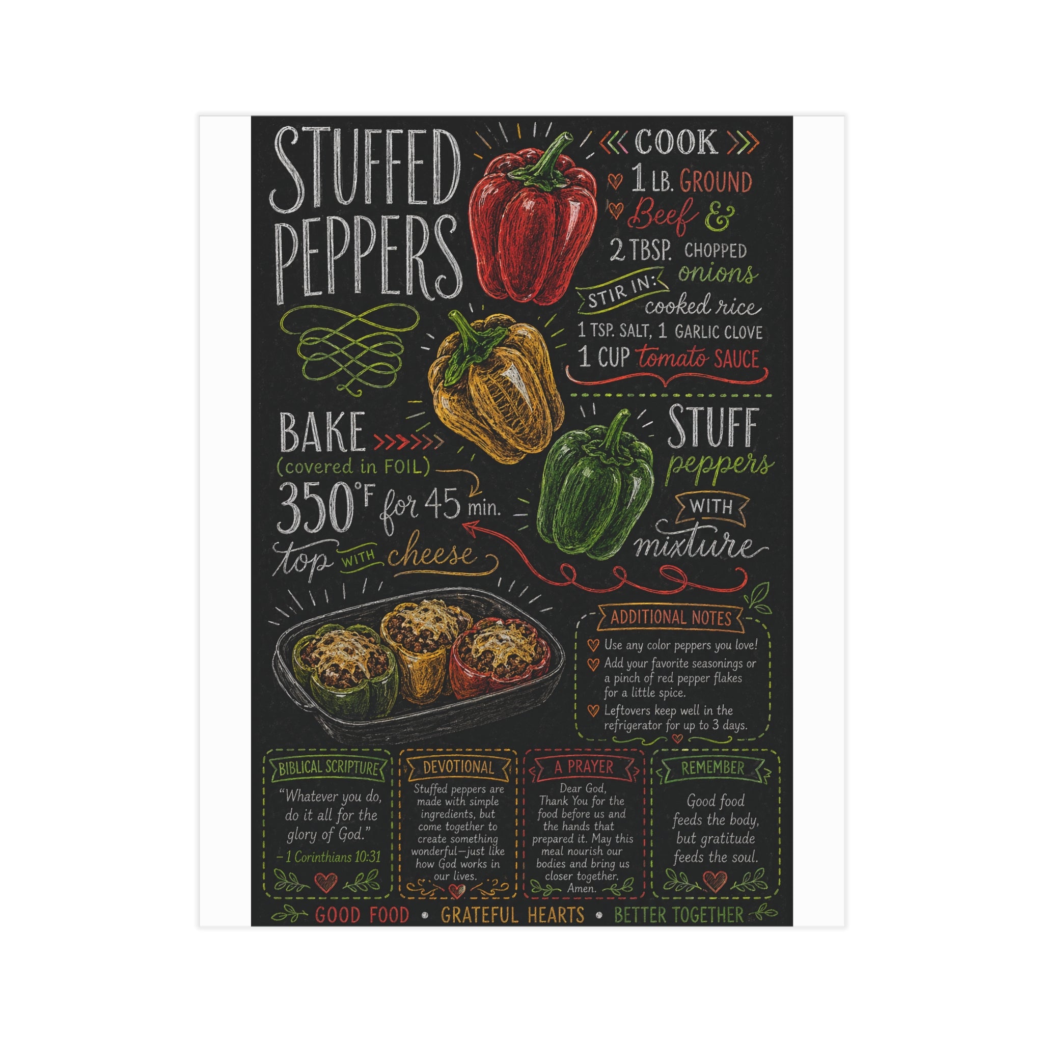 Stuffed Peppers Recipe Print Unframed | Kitchen Art, Chalkboard Recipe Poster