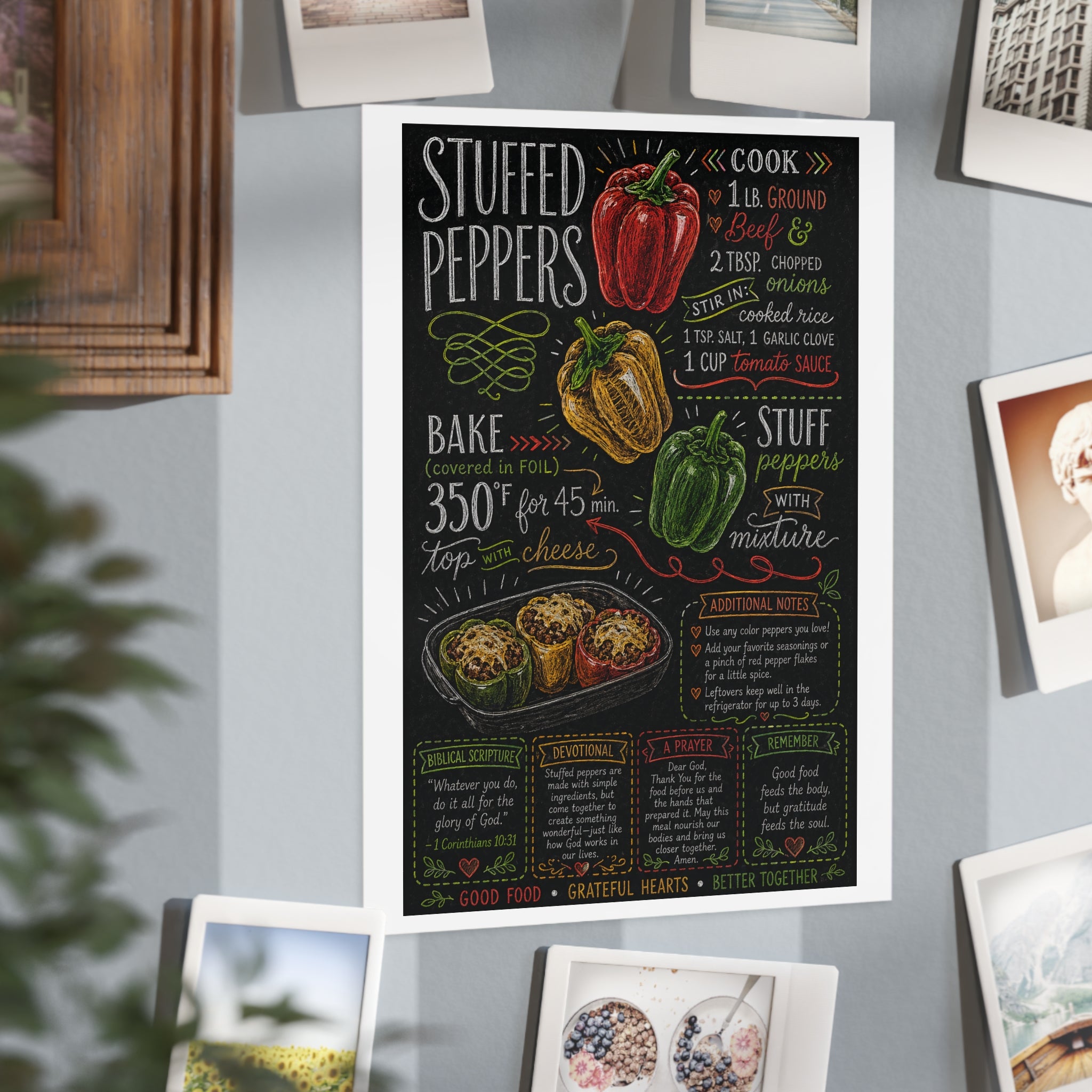 Stuffed Peppers Recipe Print Unframed | Kitchen Art, Chalkboard Recipe Poster