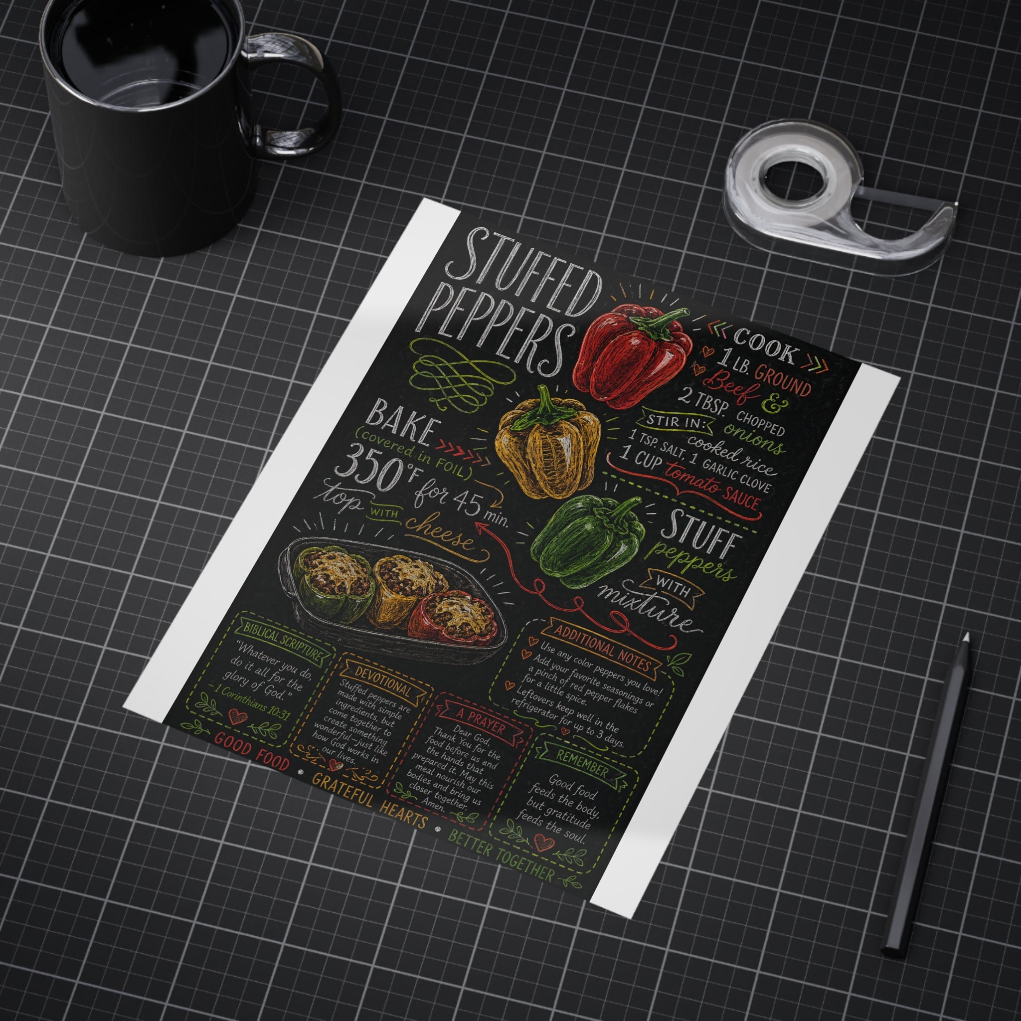 Stuffed Peppers Recipe Print Unframed | Kitchen Art, Chalkboard Recipe Poster