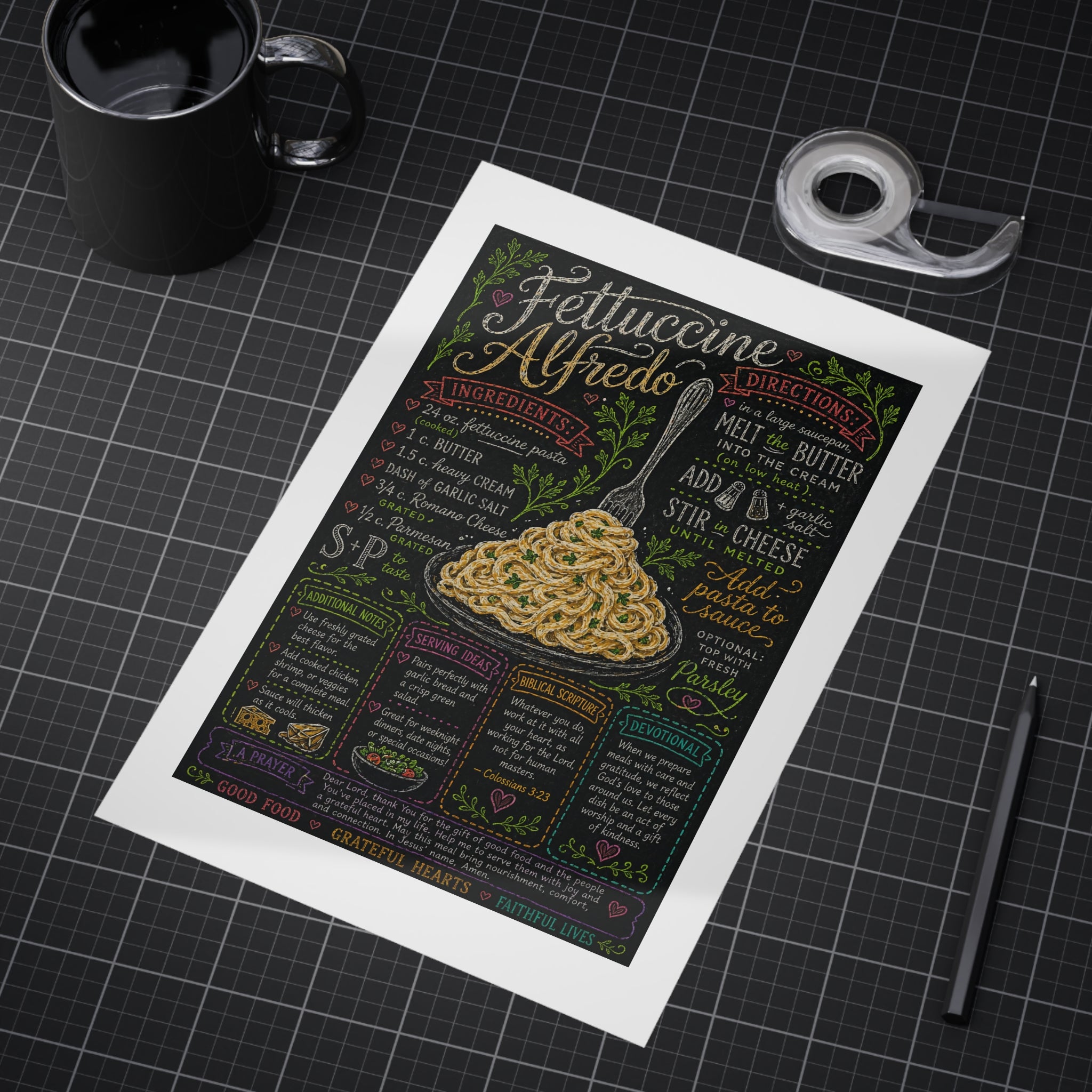 Fettuccine Alfredo Recipe Print Unframed | Pasta Kitchen Chalkboard Art