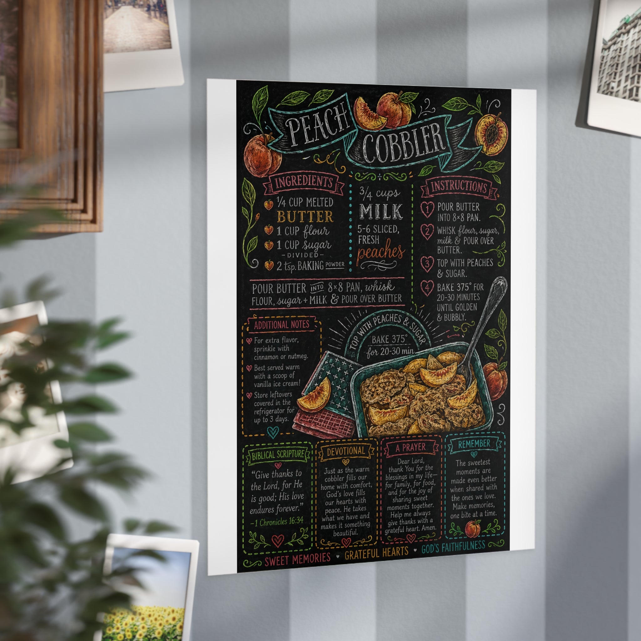 Peach Cobbler Recipe Print Unframed | Kitchen Chalkboard Art, Baking Poster