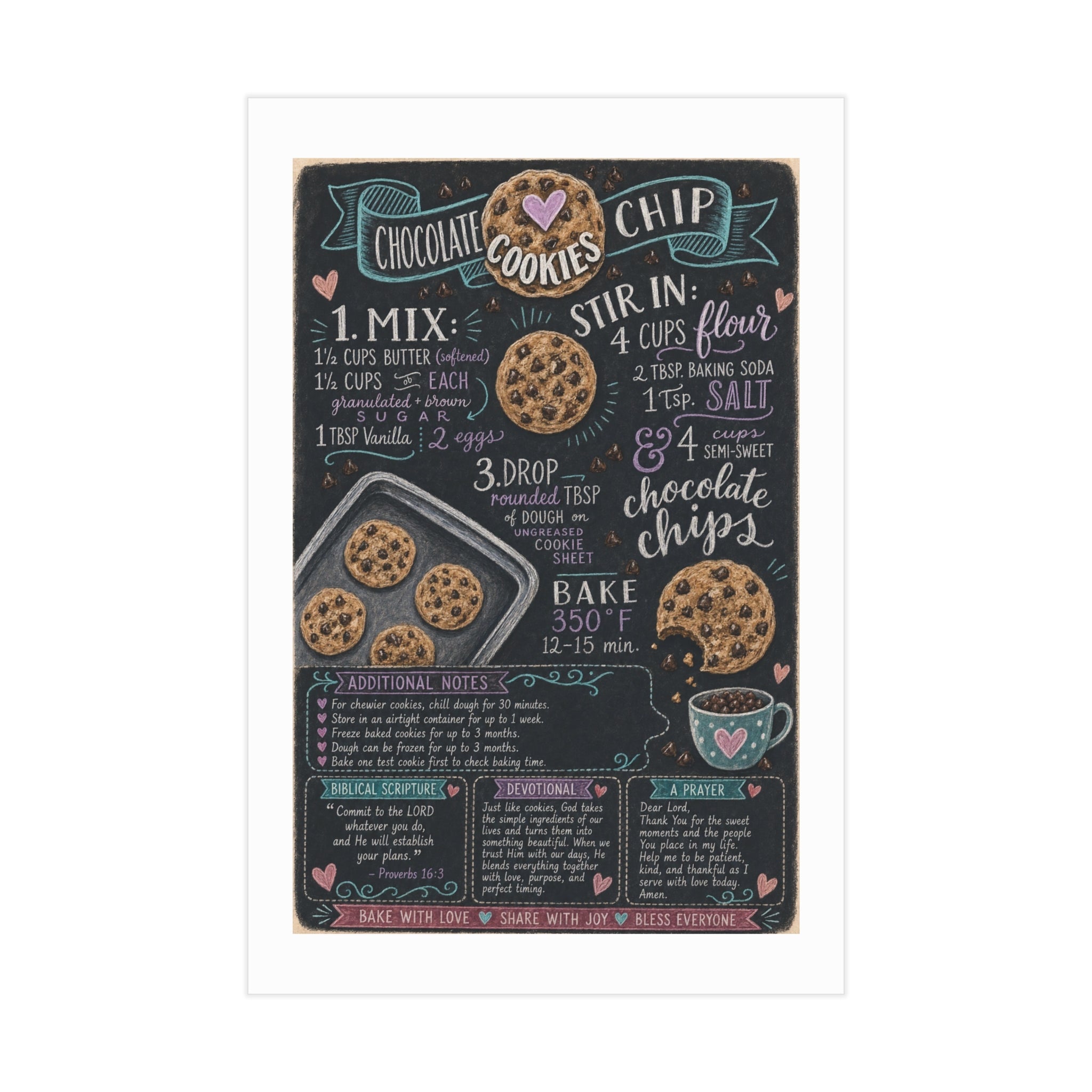 Chocolate Chip Cookies Recipe Print — Chalkboard Kitchen Art (Unframed)