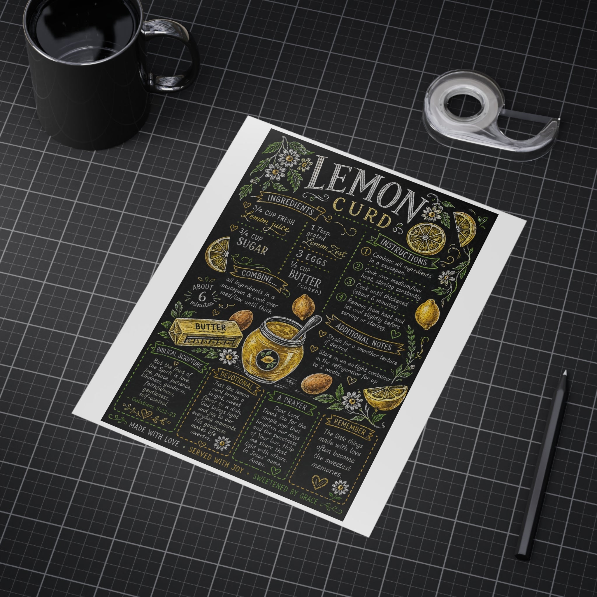 Lemon Curd Recipe Art Print Unframed | Kitchen Chalkboard Recipe Poster