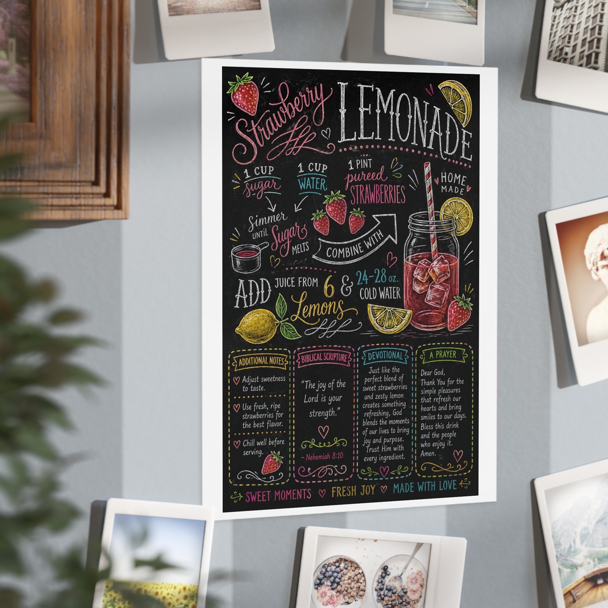 Strawberry Lemonade Recipe Print Unframed Print | Kitchen Chalkboard Art