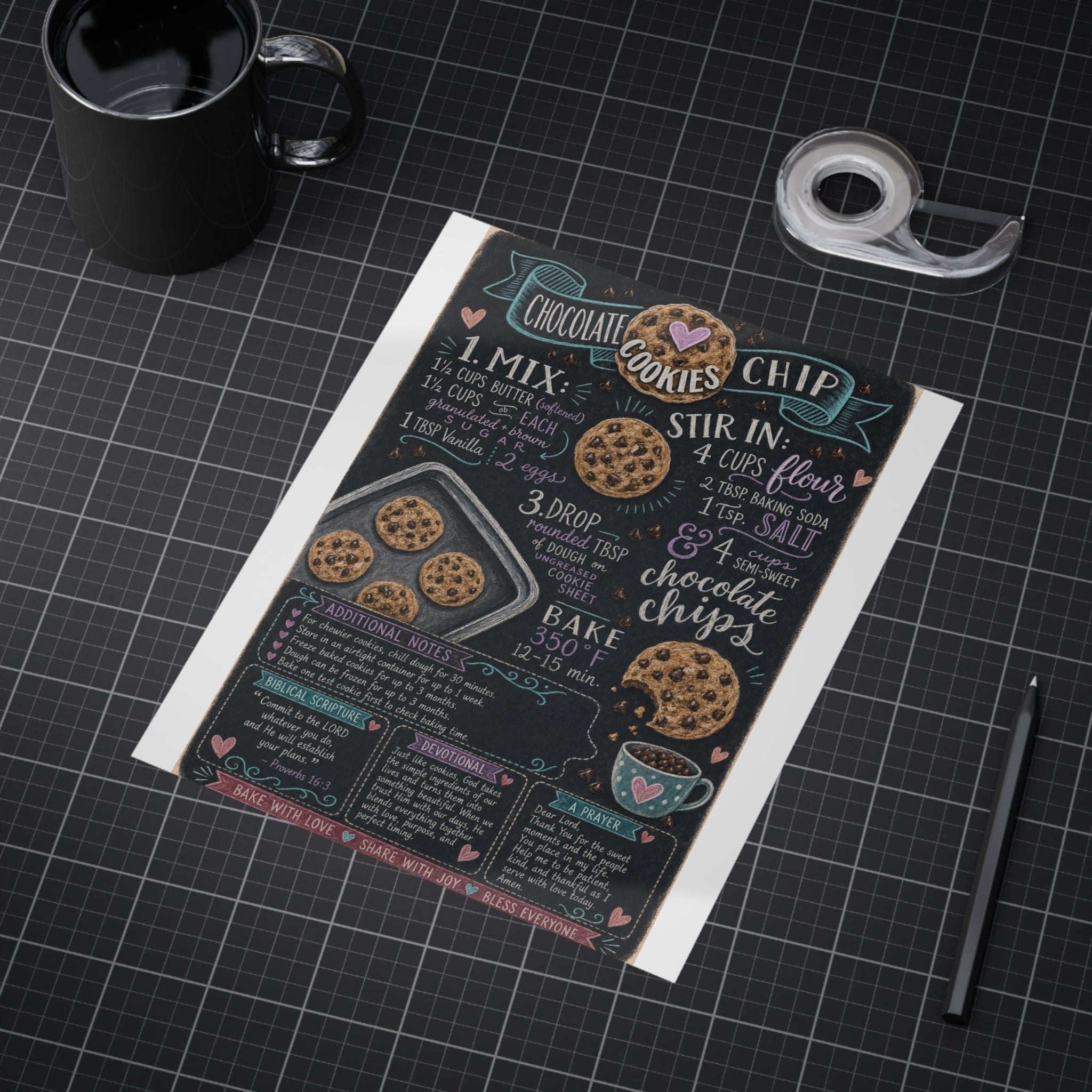 Chocolate Chip Cookies Recipe Print — Chalkboard Kitchen Art (Unframed)