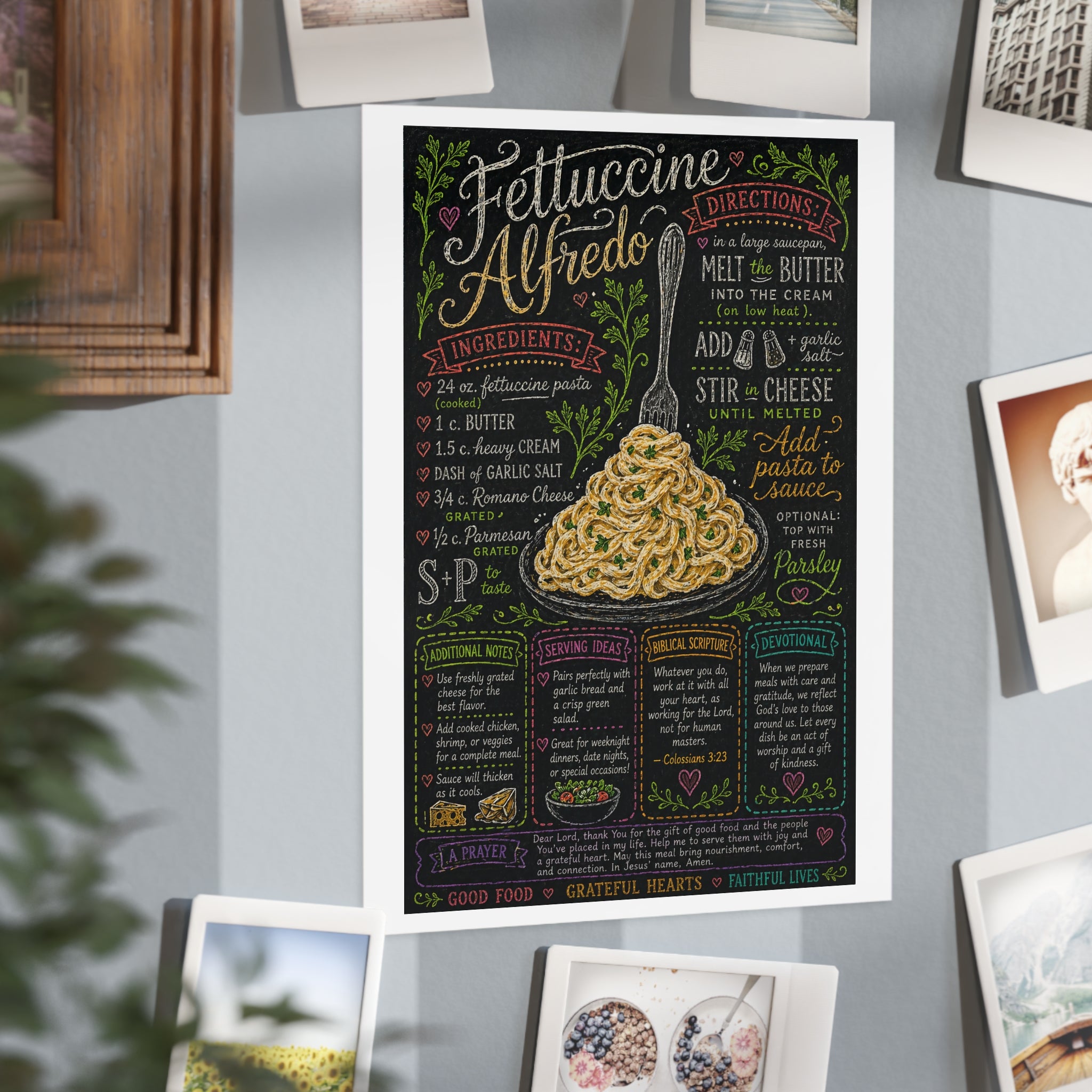Fettuccine Alfredo Recipe Print Unframed | Pasta Kitchen Chalkboard Art