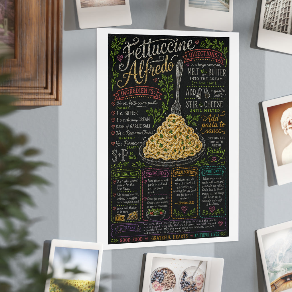 Fettuccine Alfredo Recipe Print Unframed | Pasta Kitchen Chalkboard Art