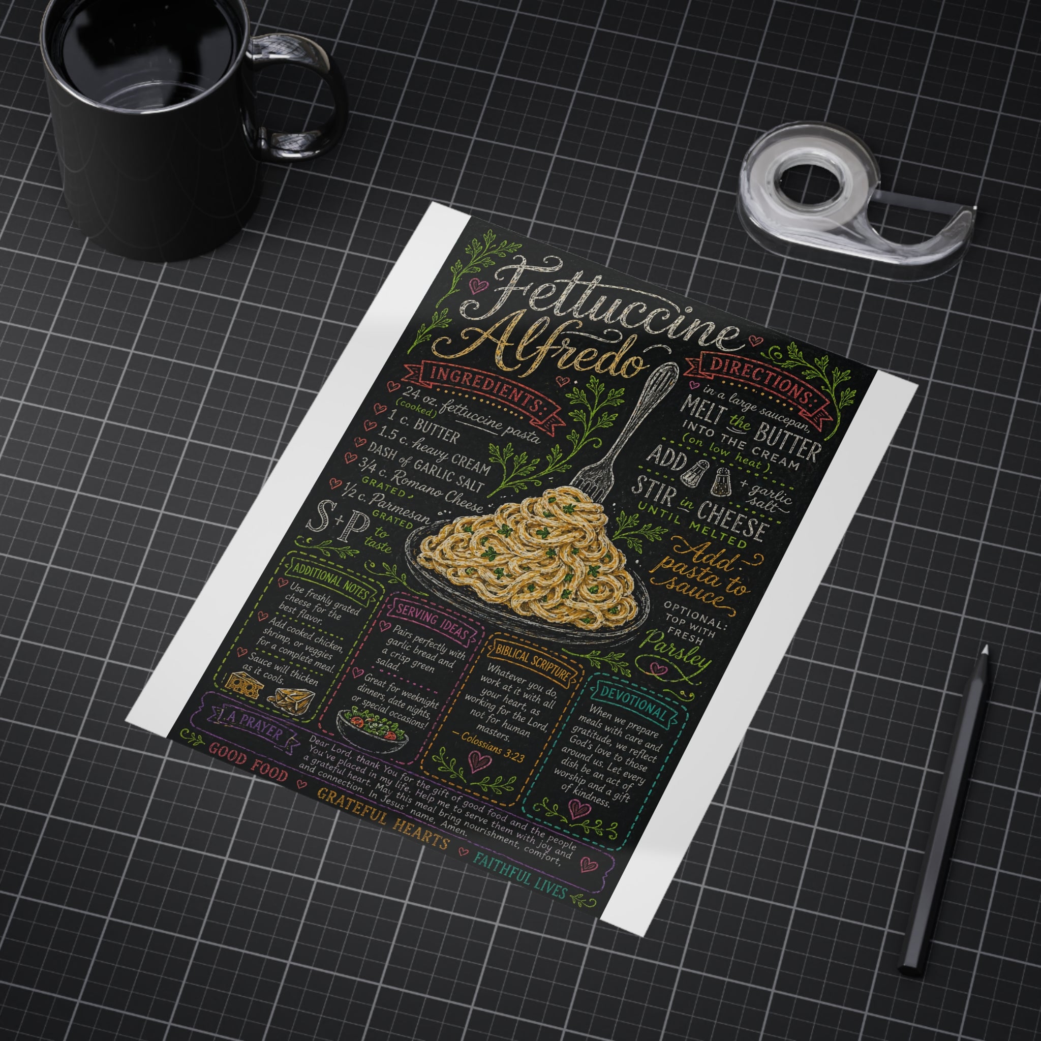Fettuccine Alfredo Recipe Print Unframed | Pasta Kitchen Chalkboard Art