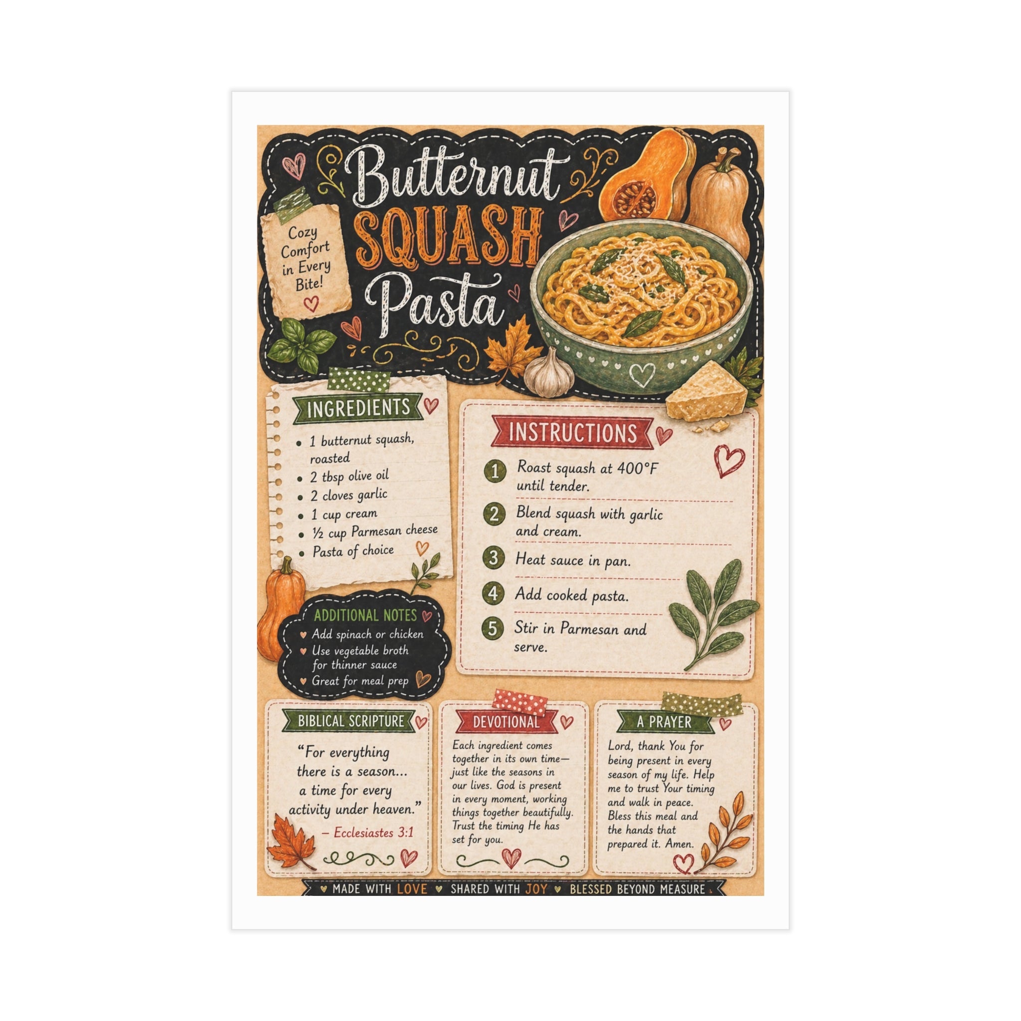 Butternut Squash Pasta Recipe Print — Kitchen Art Recipe Card