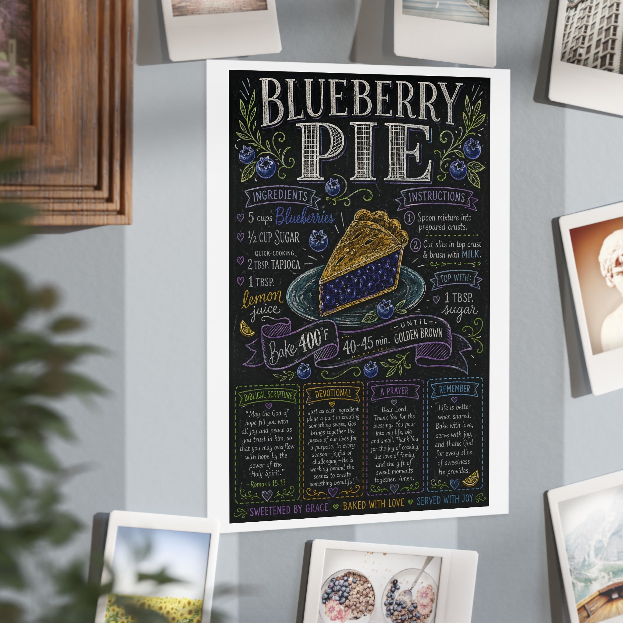 Blueberry Pie Recipe Print Unframed | Kitchen Art, Chalkboard Style