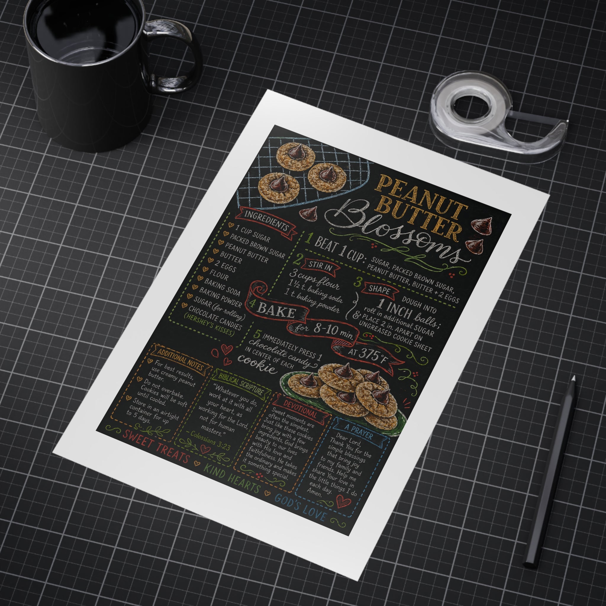 Peanut Butter Blossoms Recipe Print Unframed Print | Kitchen Wall Art, Baking Chalkboard