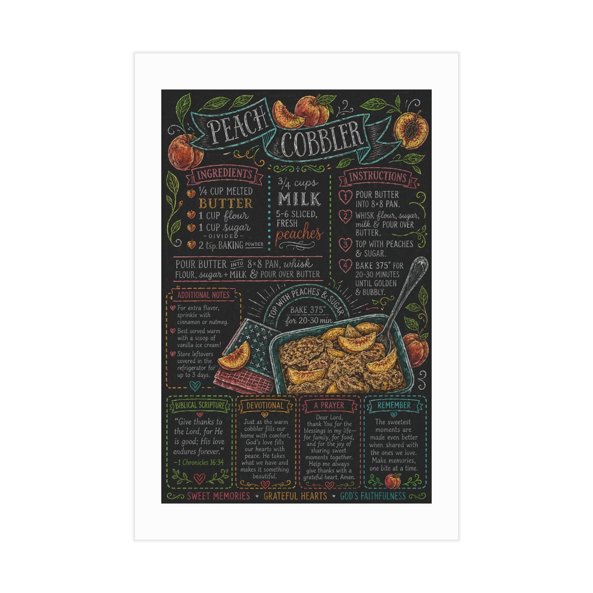 Peach Cobbler Recipe Print Unframed | Kitchen Chalkboard Art, Baking Poster