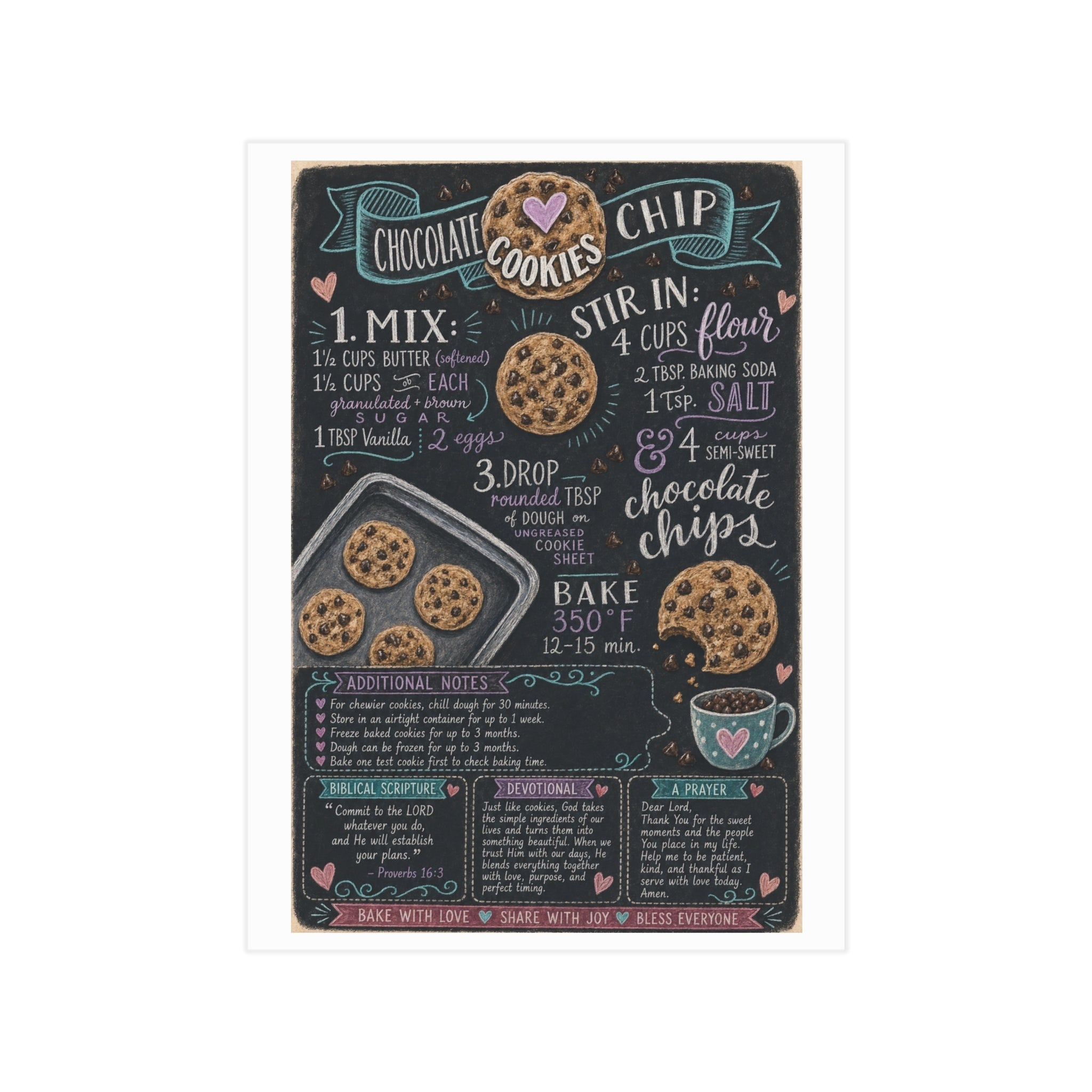 Chocolate Chip Cookies Recipe Print — Chalkboard Kitchen Art (Unframed)