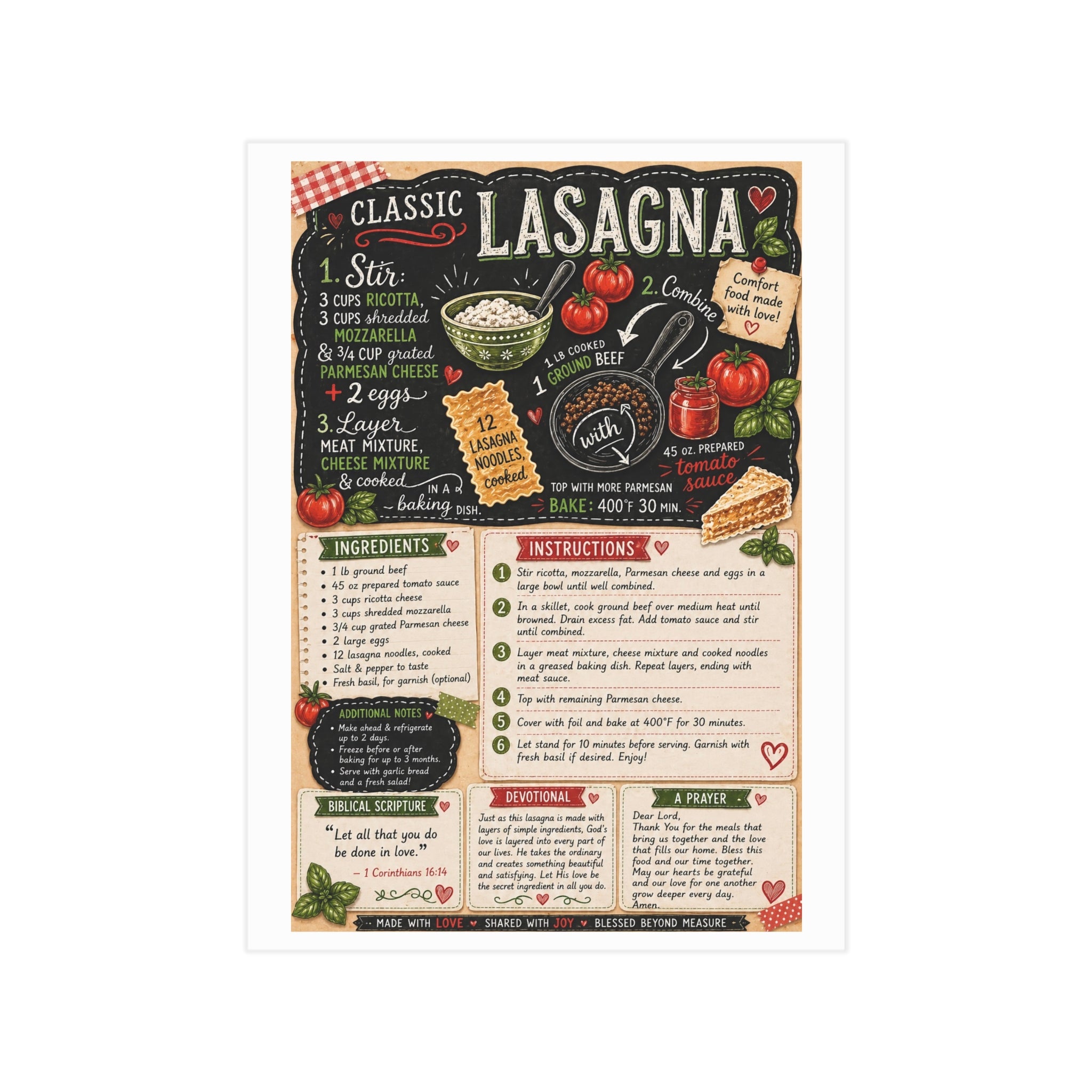 Lasagna Recipe Print — Classic Lasagna Kitchen Art Print