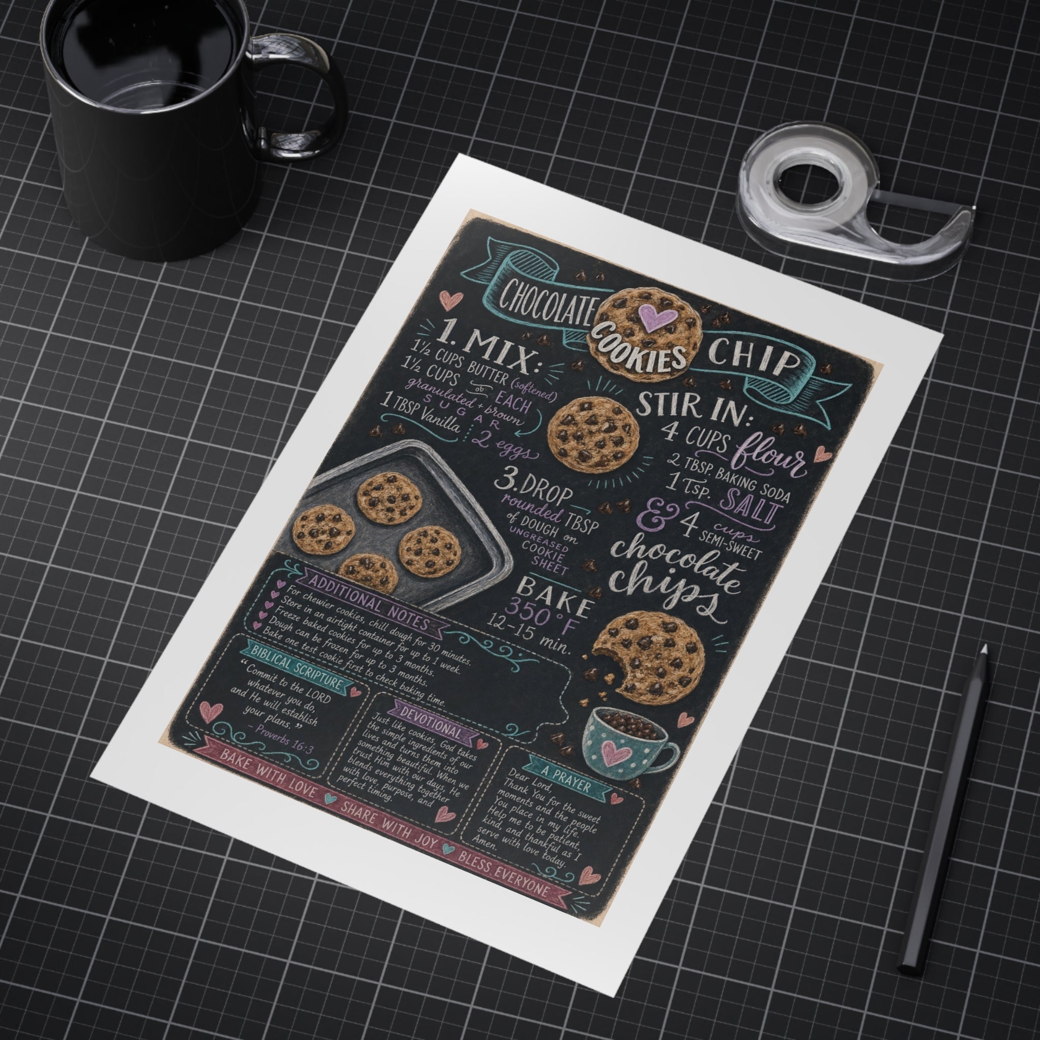 Chocolate Chip Cookies Recipe Print — Chalkboard Kitchen Art (Unframed)