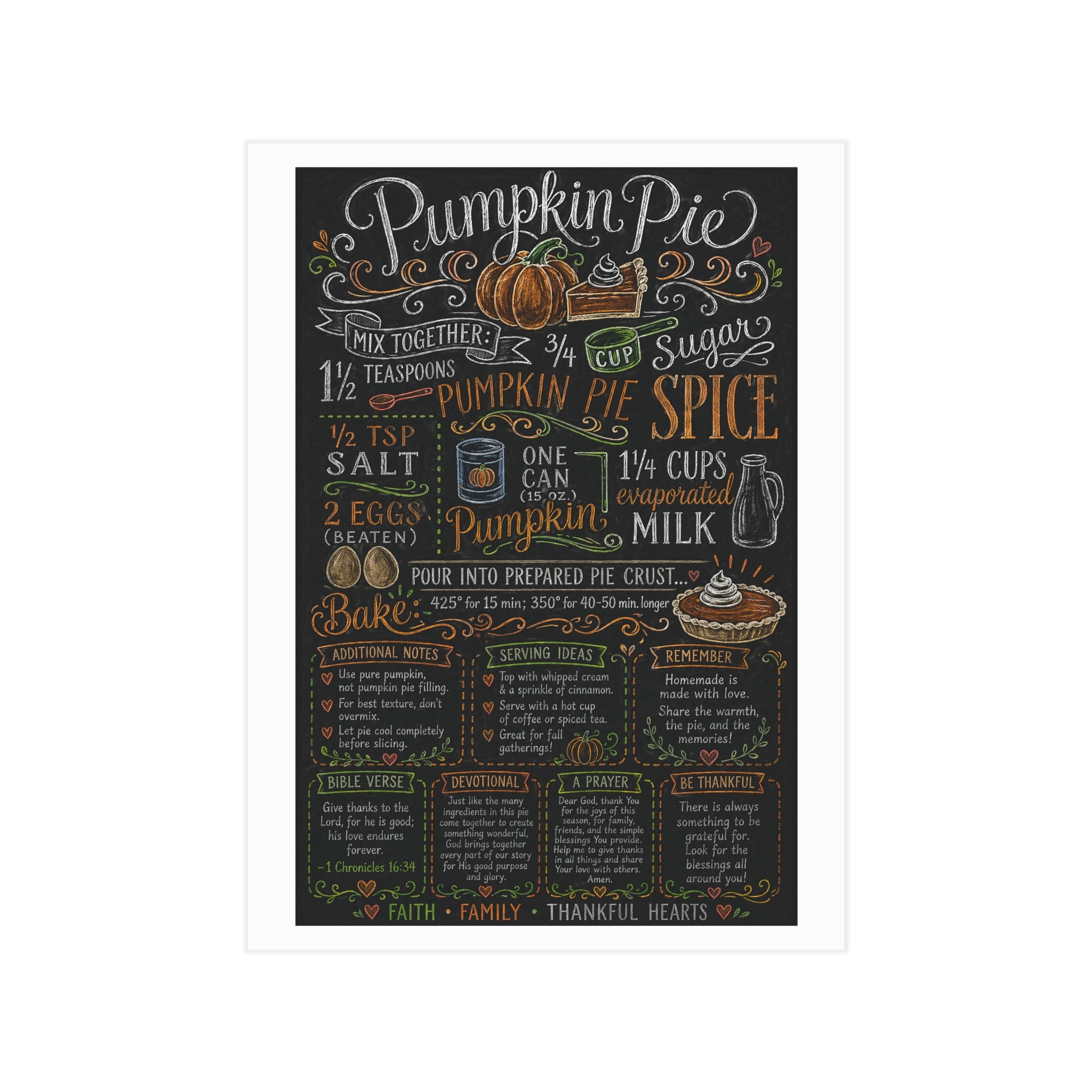 Pumpkin Pie Recipe Chalkboard Art Print — Kitchen Wall Decor