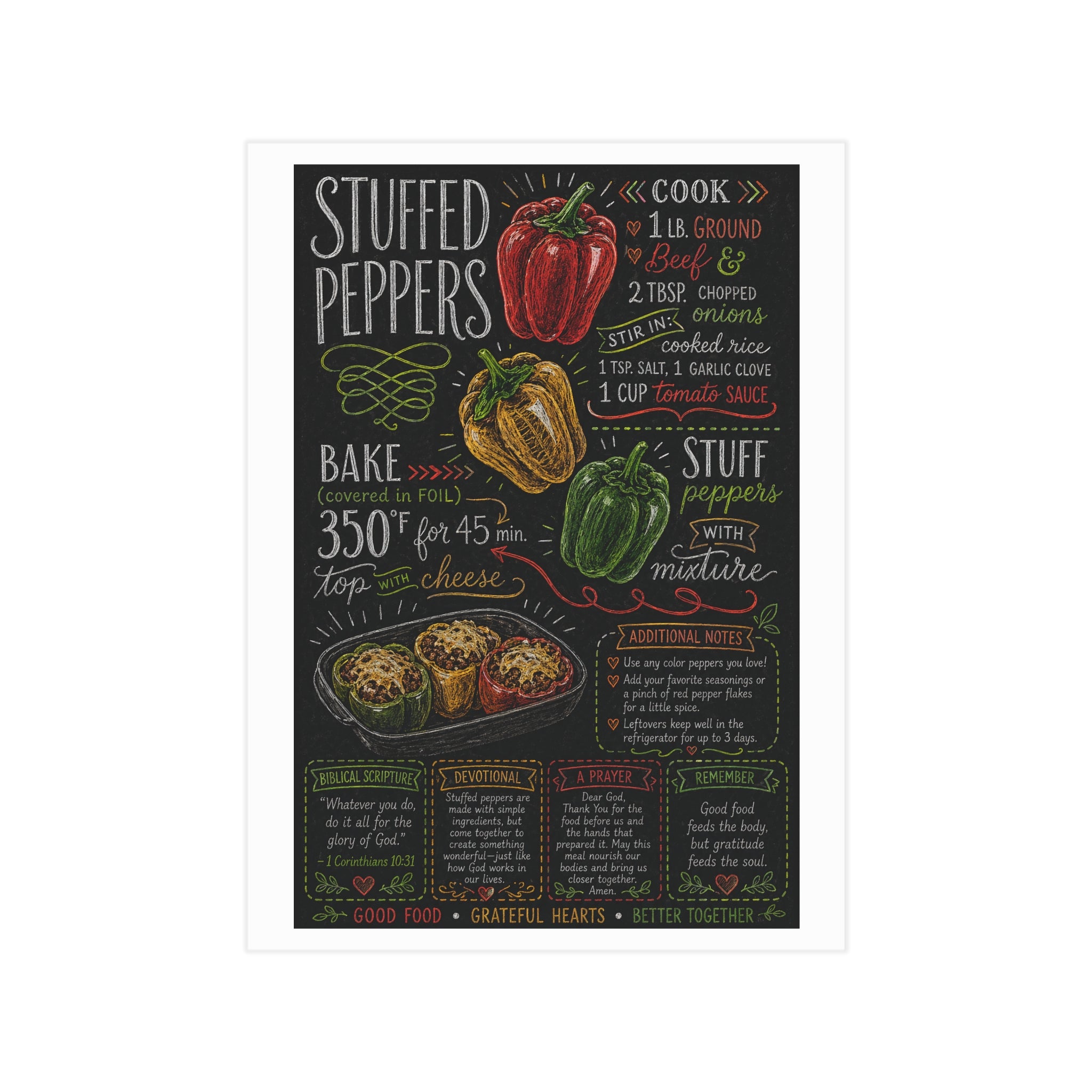 Stuffed Peppers Recipe Print Unframed | Kitchen Art, Chalkboard Recipe Poster