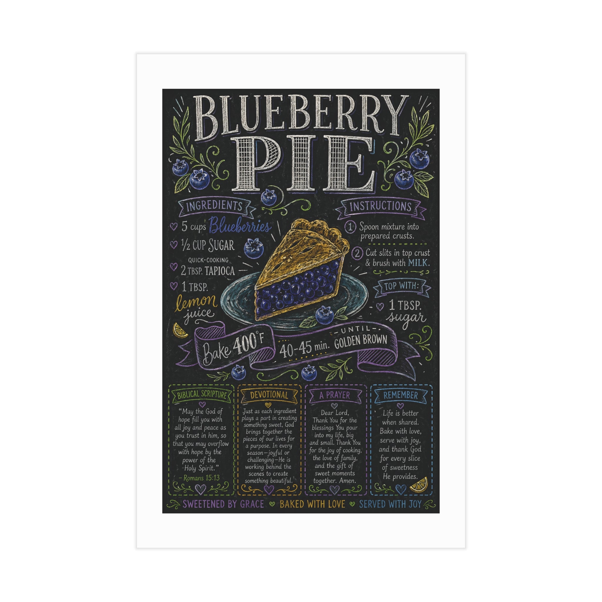 Blueberry Pie Recipe Print Unframed | Kitchen Art, Chalkboard Style
