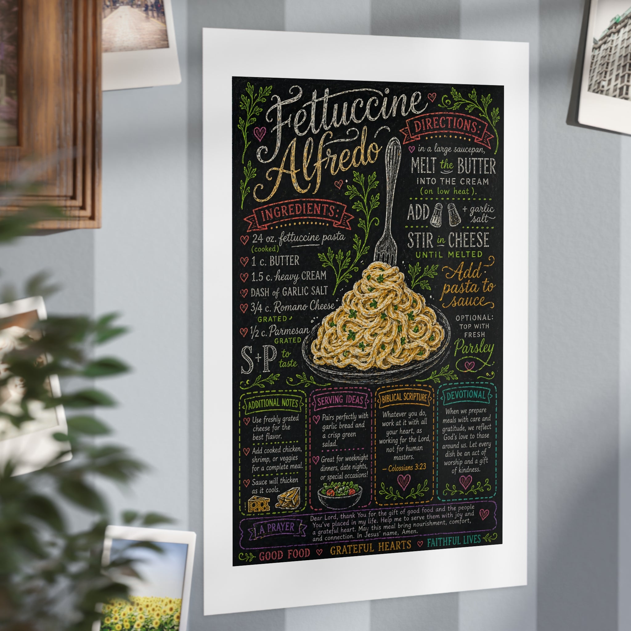 Fettuccine Alfredo Recipe Print Unframed | Pasta Kitchen Chalkboard Art