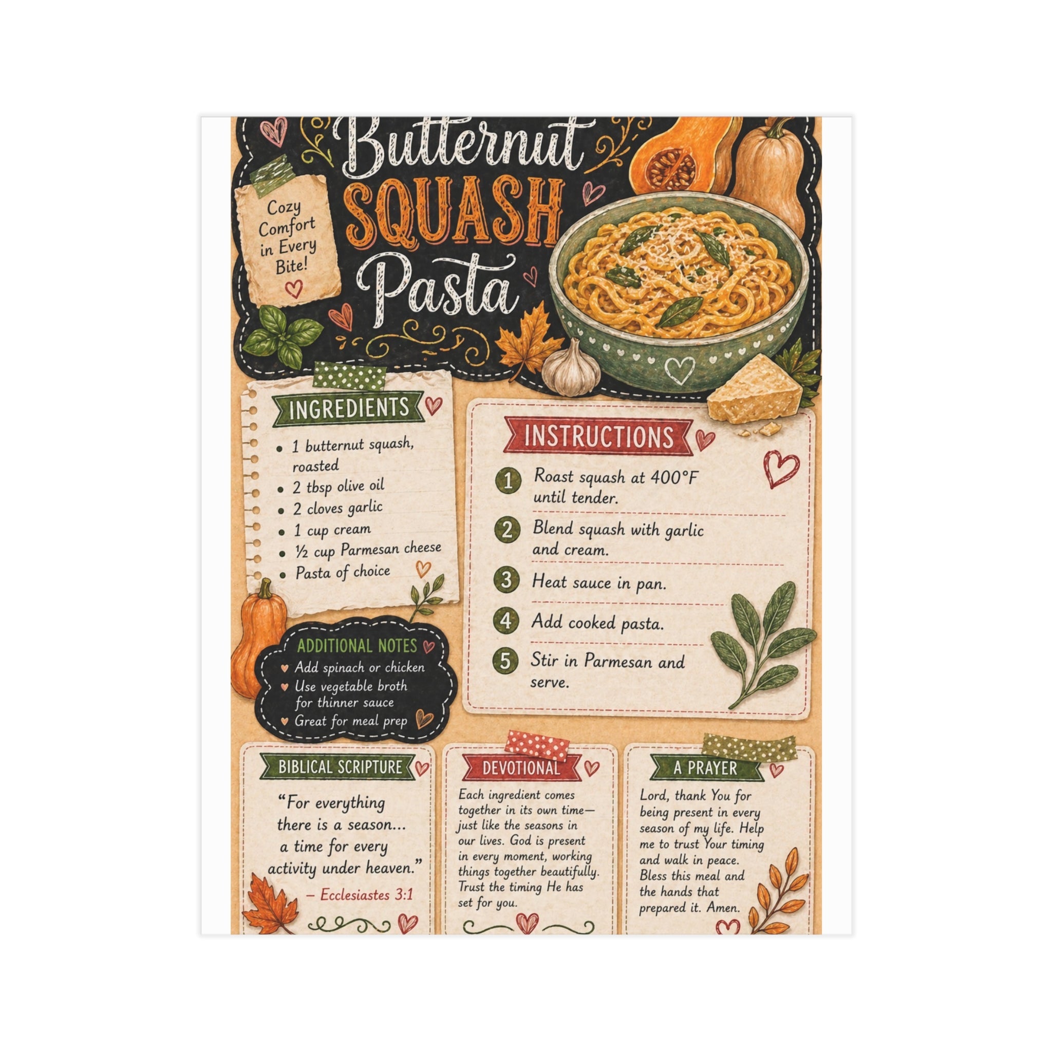 Butternut Squash Pasta Recipe Print — Kitchen Art Recipe Card