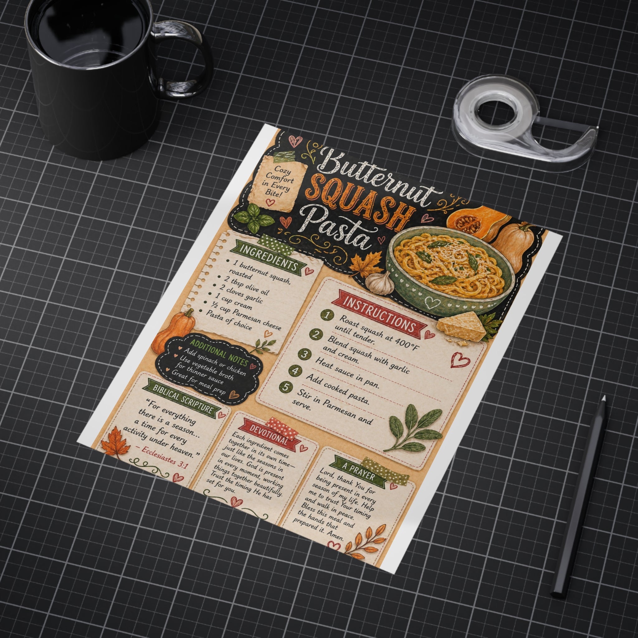 Butternut Squash Pasta Recipe Print — Kitchen Art Recipe Card