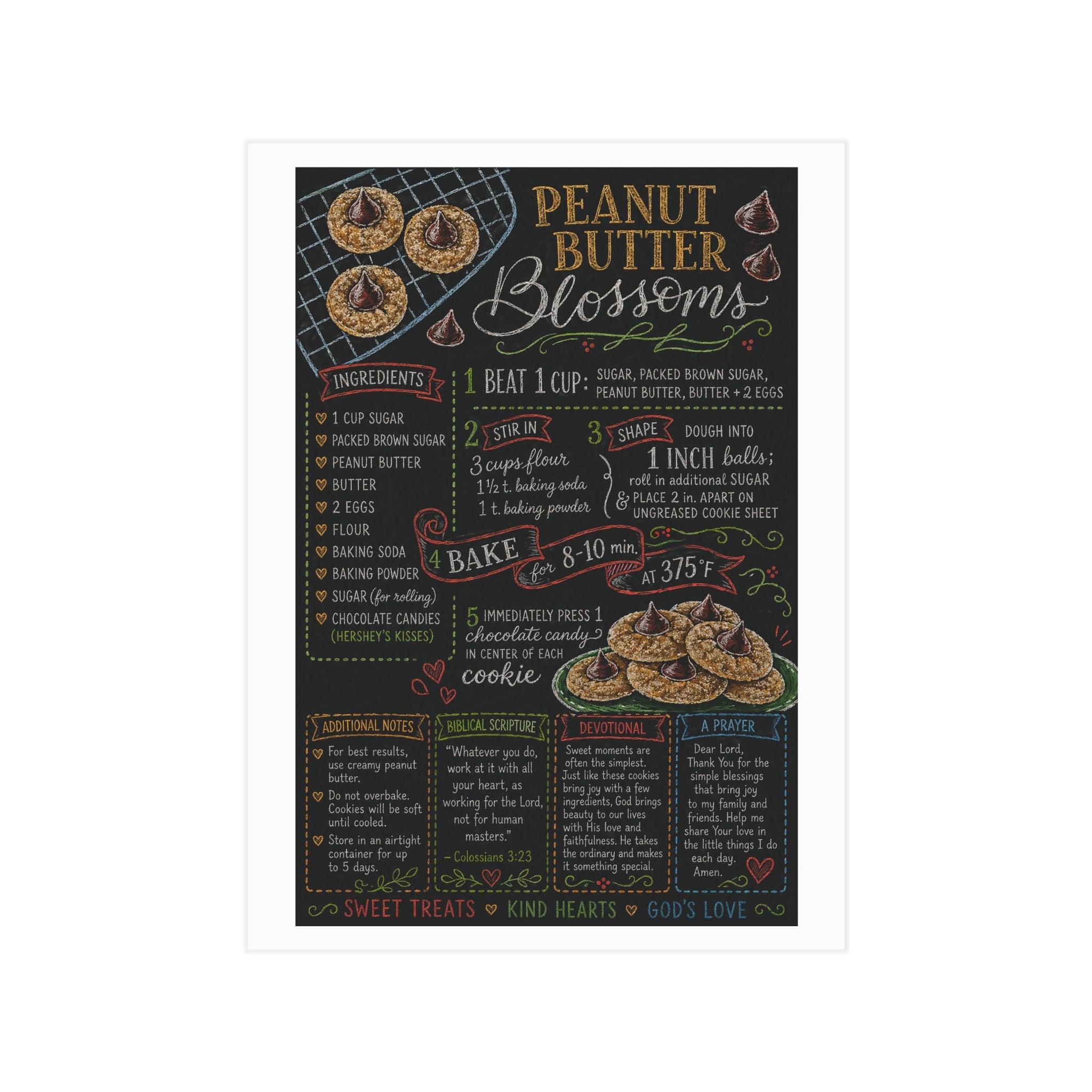 Peanut Butter Blossoms Recipe Print Unframed Print | Kitchen Wall Art, Baking Chalkboard