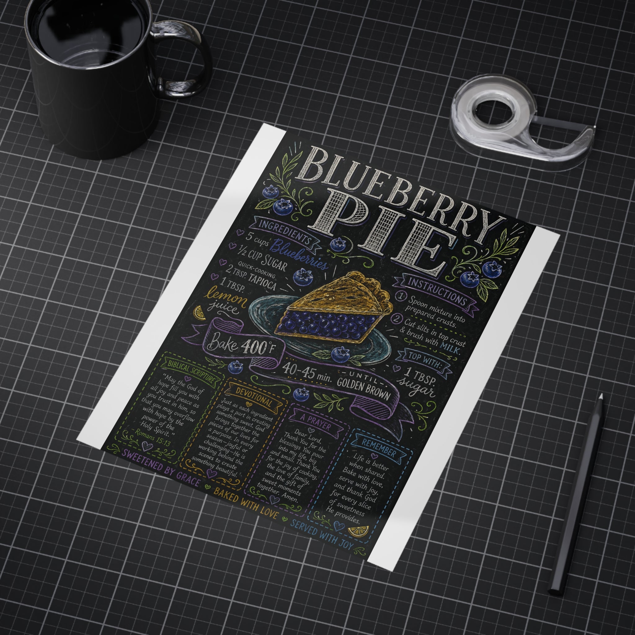 Blueberry Pie Recipe Print Unframed | Kitchen Art, Chalkboard Style