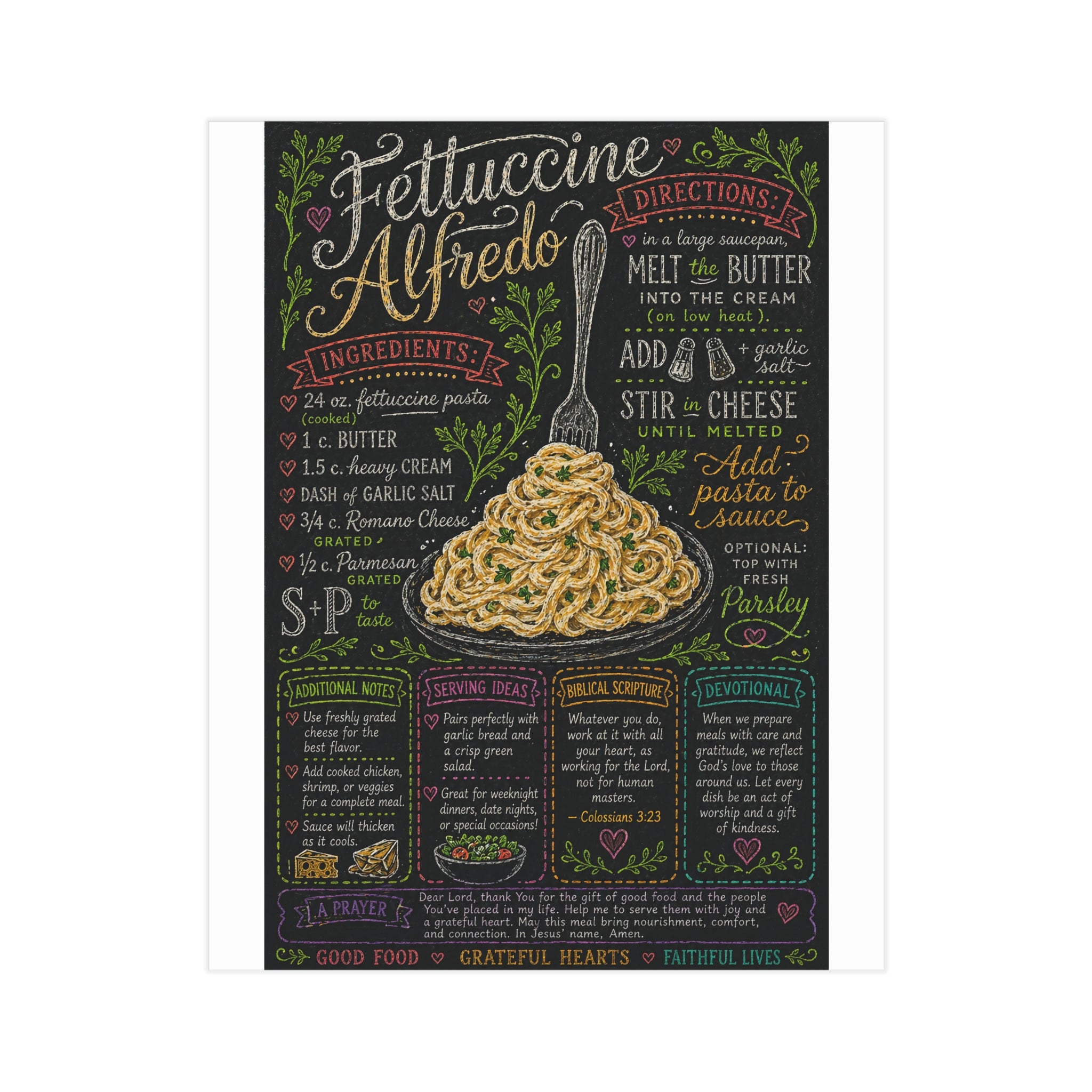 Fettuccine Alfredo Recipe Print Unframed | Pasta Kitchen Chalkboard Art