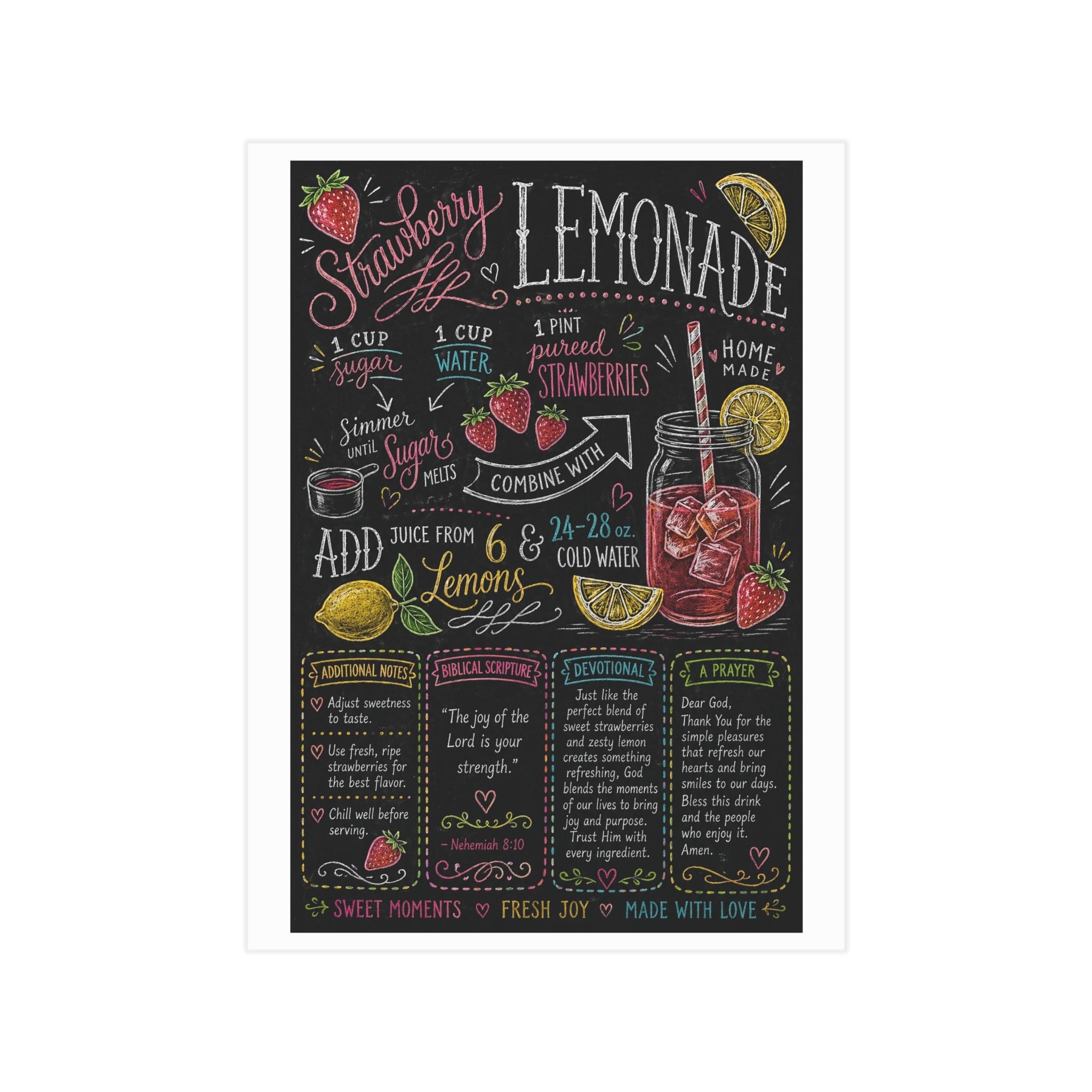 Strawberry Lemonade Recipe Print Unframed Print | Kitchen Chalkboard Art