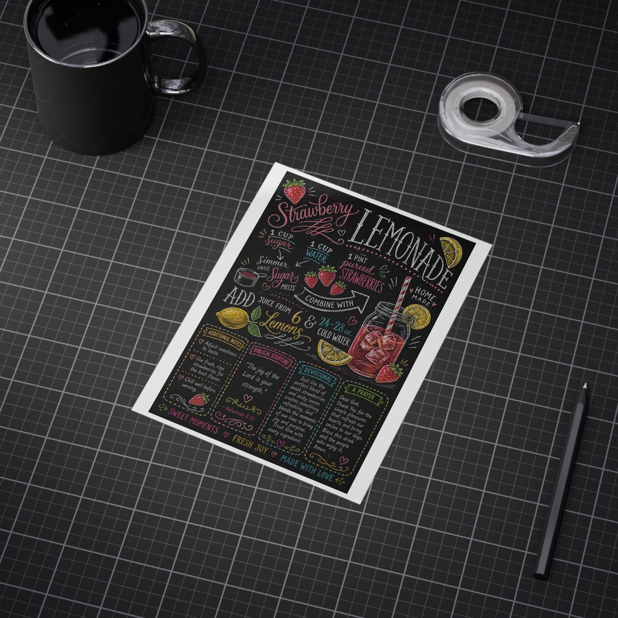 Strawberry Lemonade Recipe Print Unframed Print | Kitchen Chalkboard Art