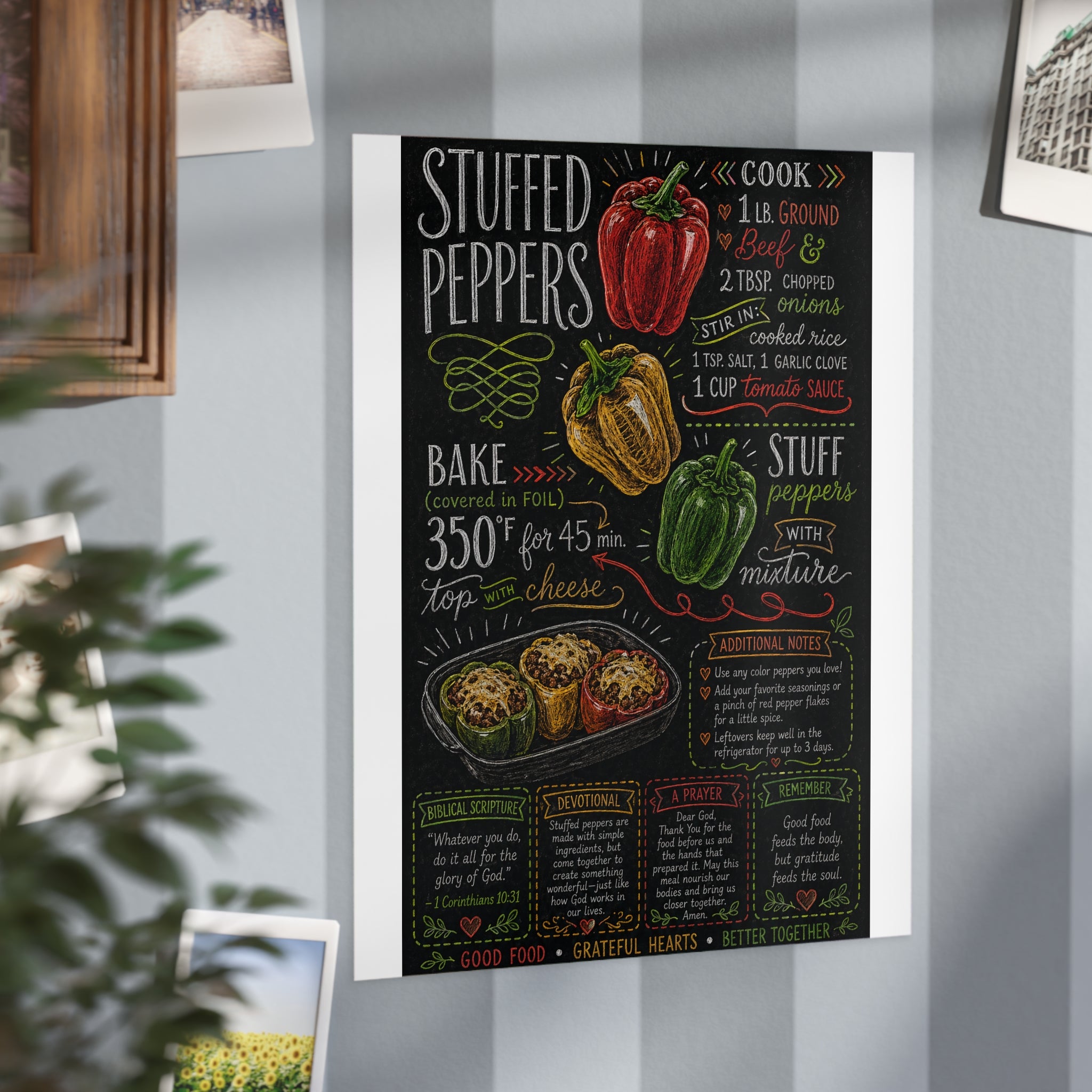 Stuffed Peppers Recipe Print Unframed | Kitchen Art, Chalkboard Recipe Poster
