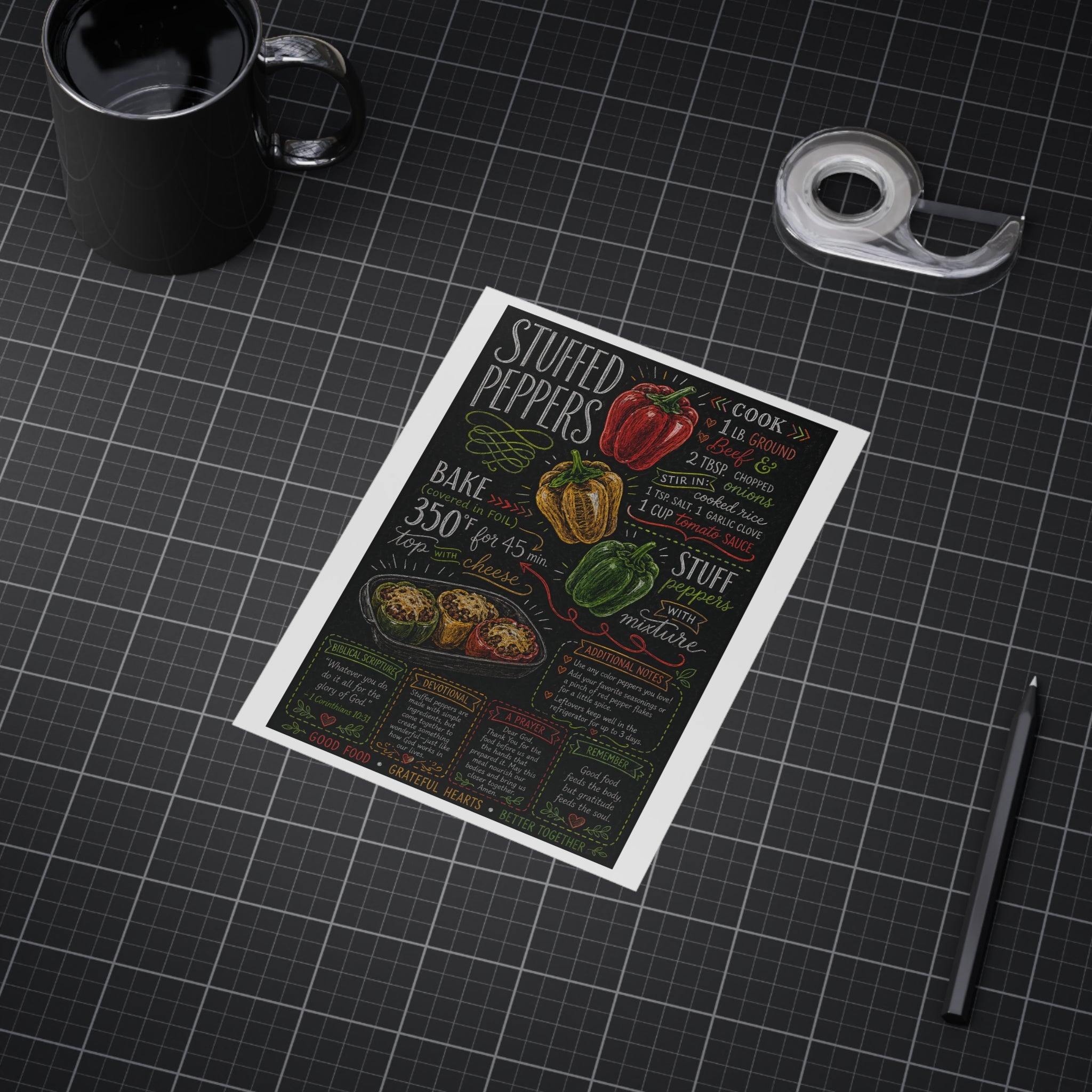 Stuffed Peppers Recipe Print Unframed | Kitchen Art, Chalkboard Recipe Poster