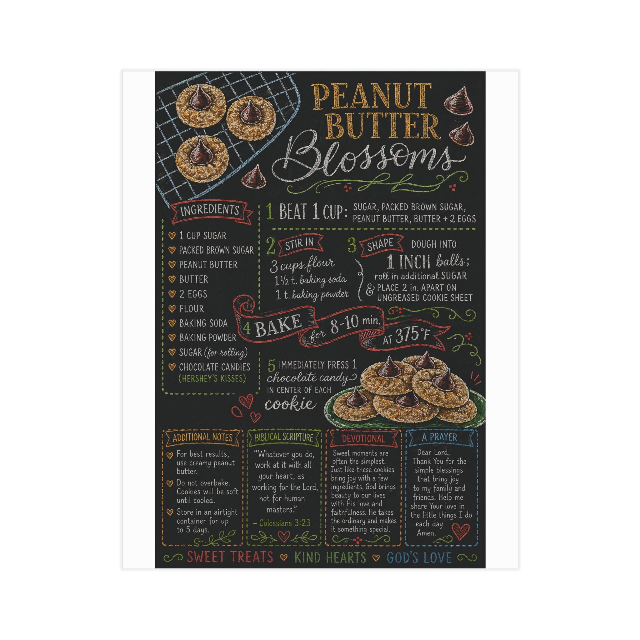 Peanut Butter Blossoms Recipe Print Unframed Print | Kitchen Wall Art, Baking Chalkboard