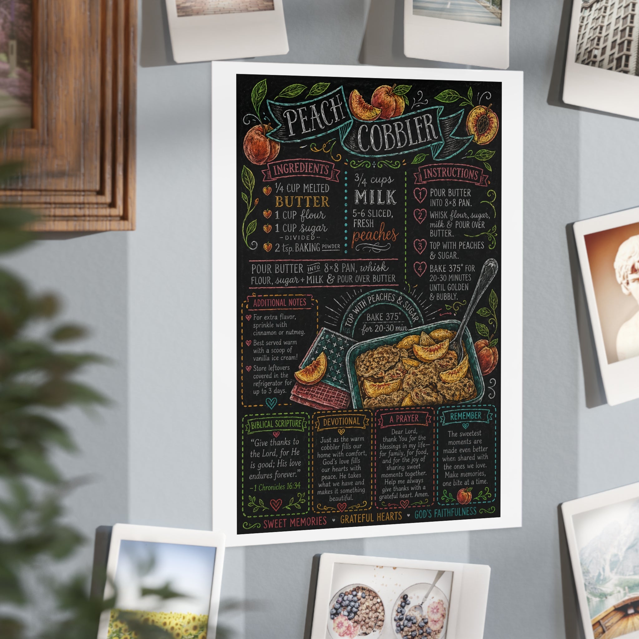 Peach Cobbler Recipe Print Unframed | Kitchen Chalkboard Art, Baking Poster