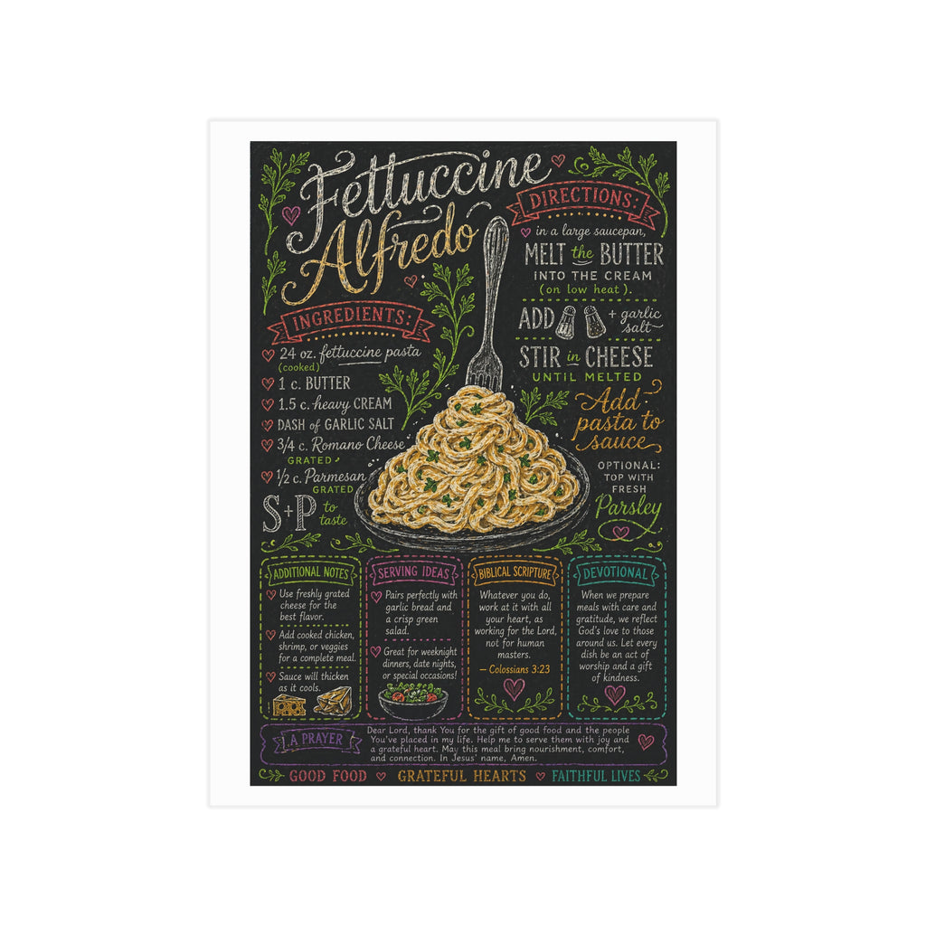 Fettuccine Alfredo Recipe Print Unframed | Pasta Kitchen Chalkboard Art