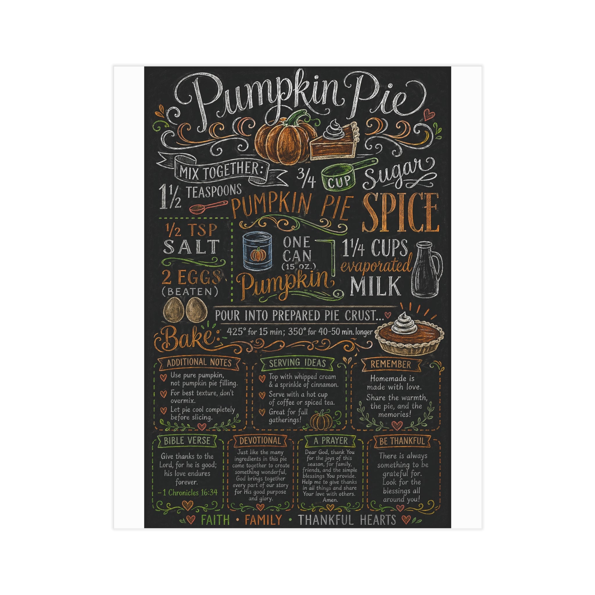 Pumpkin Pie Recipe Chalkboard Art Print — Kitchen Wall Decor