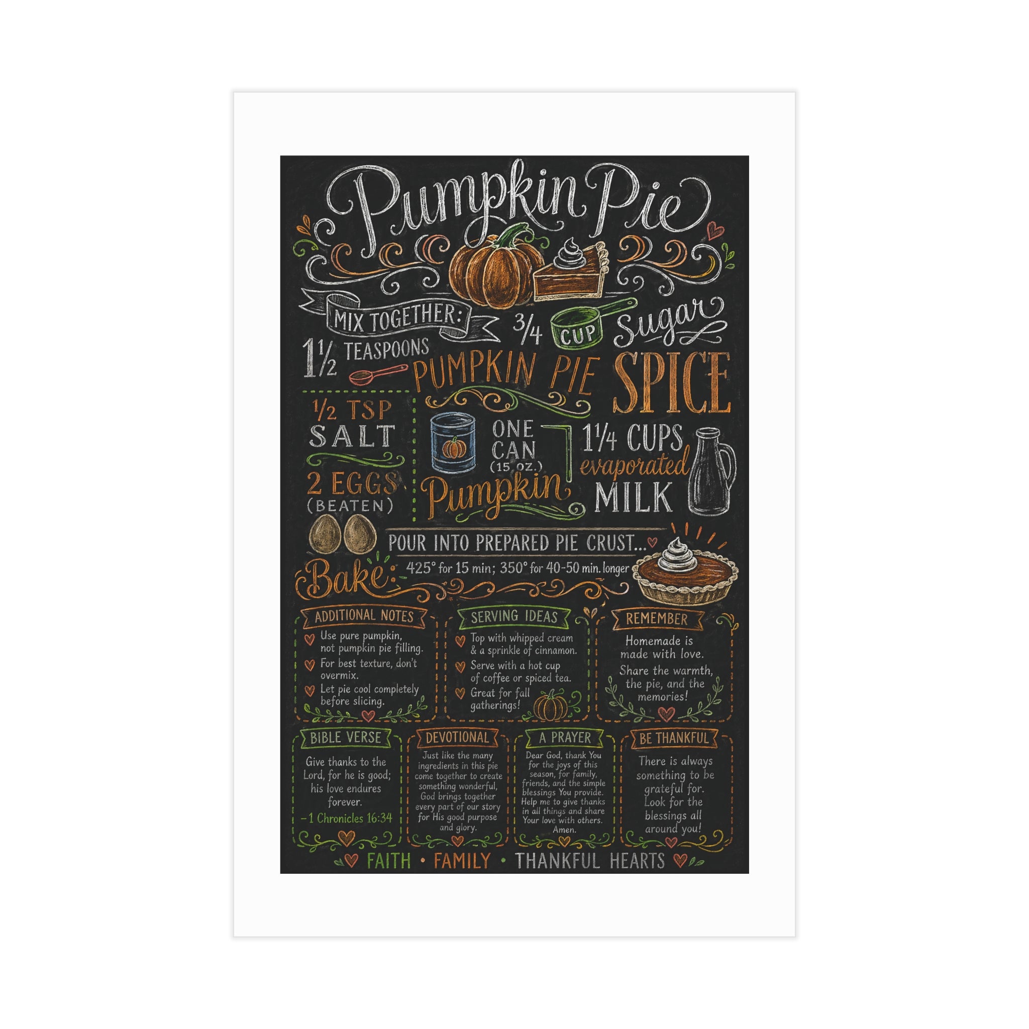 Pumpkin Pie Recipe Chalkboard Art Print — Kitchen Wall Decor