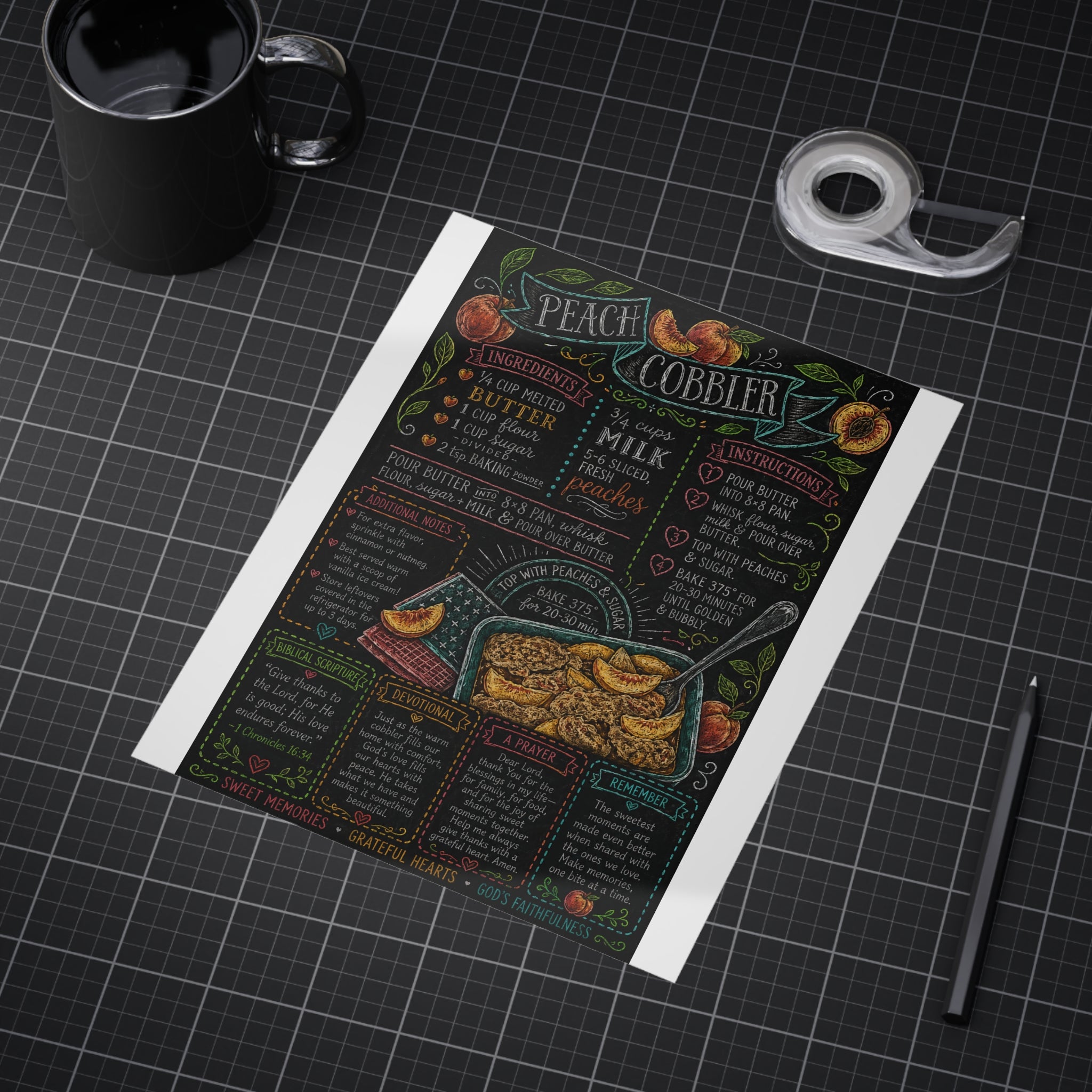 Peach Cobbler Recipe Print Unframed | Kitchen Chalkboard Art, Baking Poster