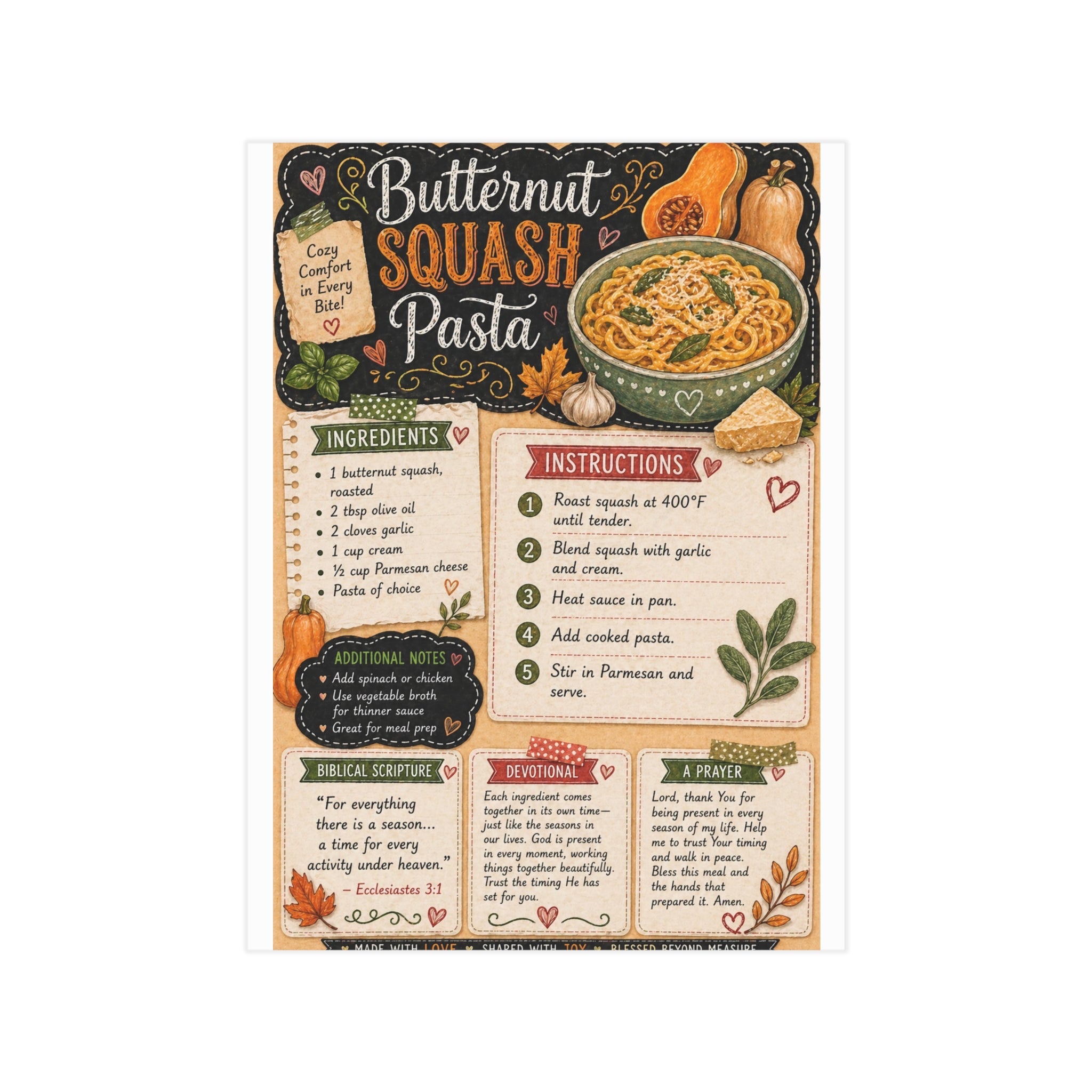 Butternut Squash Pasta Recipe Print — Kitchen Art Recipe Card