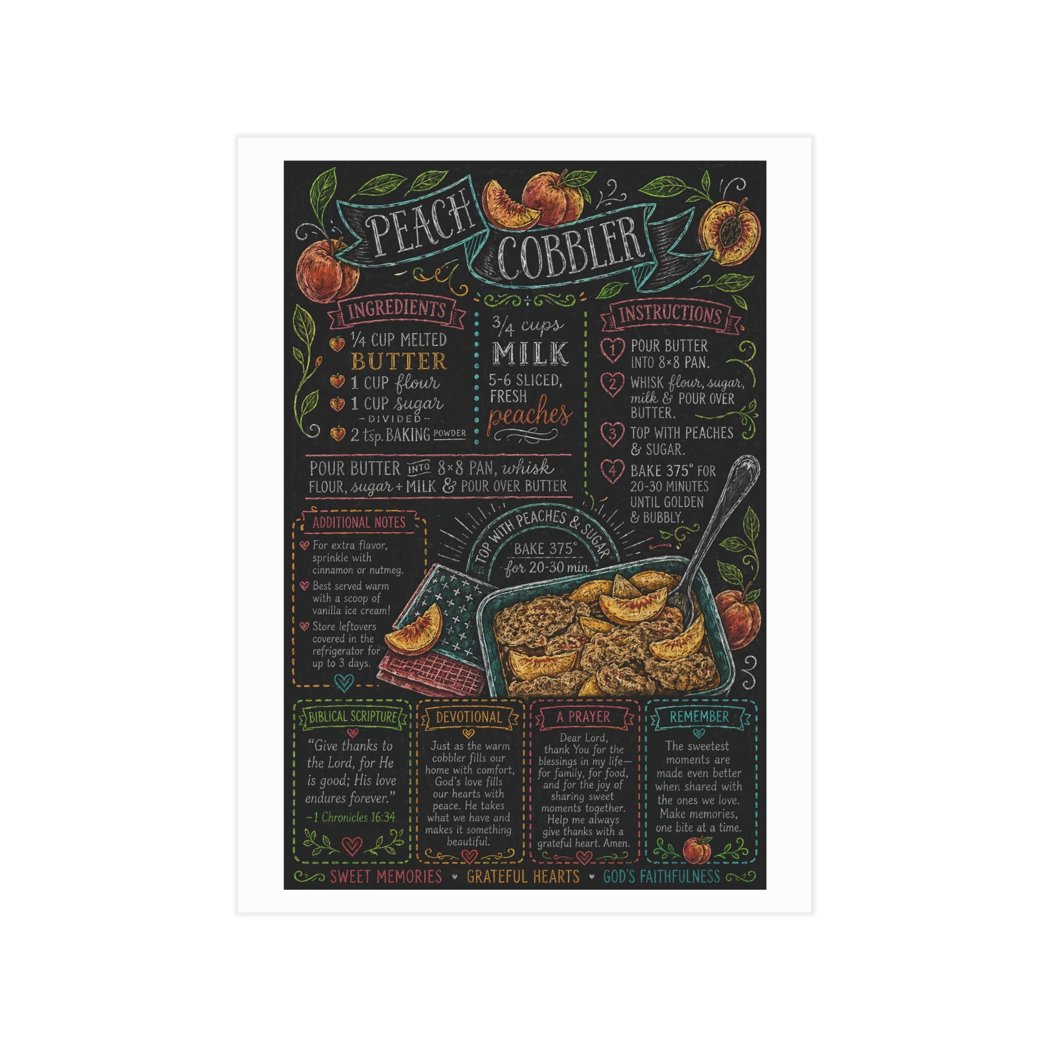 Peach Cobbler Recipe Print Unframed | Kitchen Chalkboard Art, Baking Poster