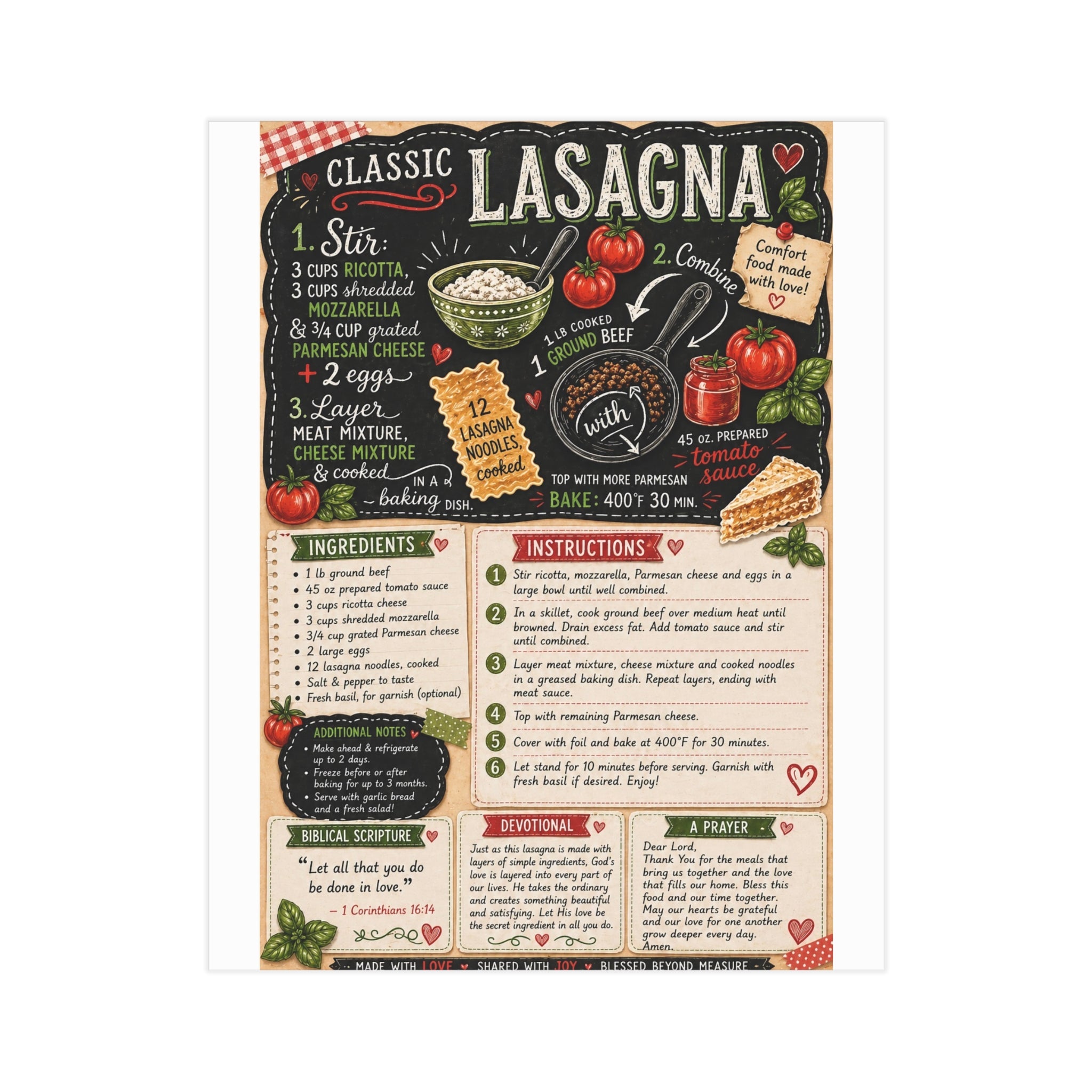 Lasagna Recipe Print — Classic Lasagna Kitchen Art Print