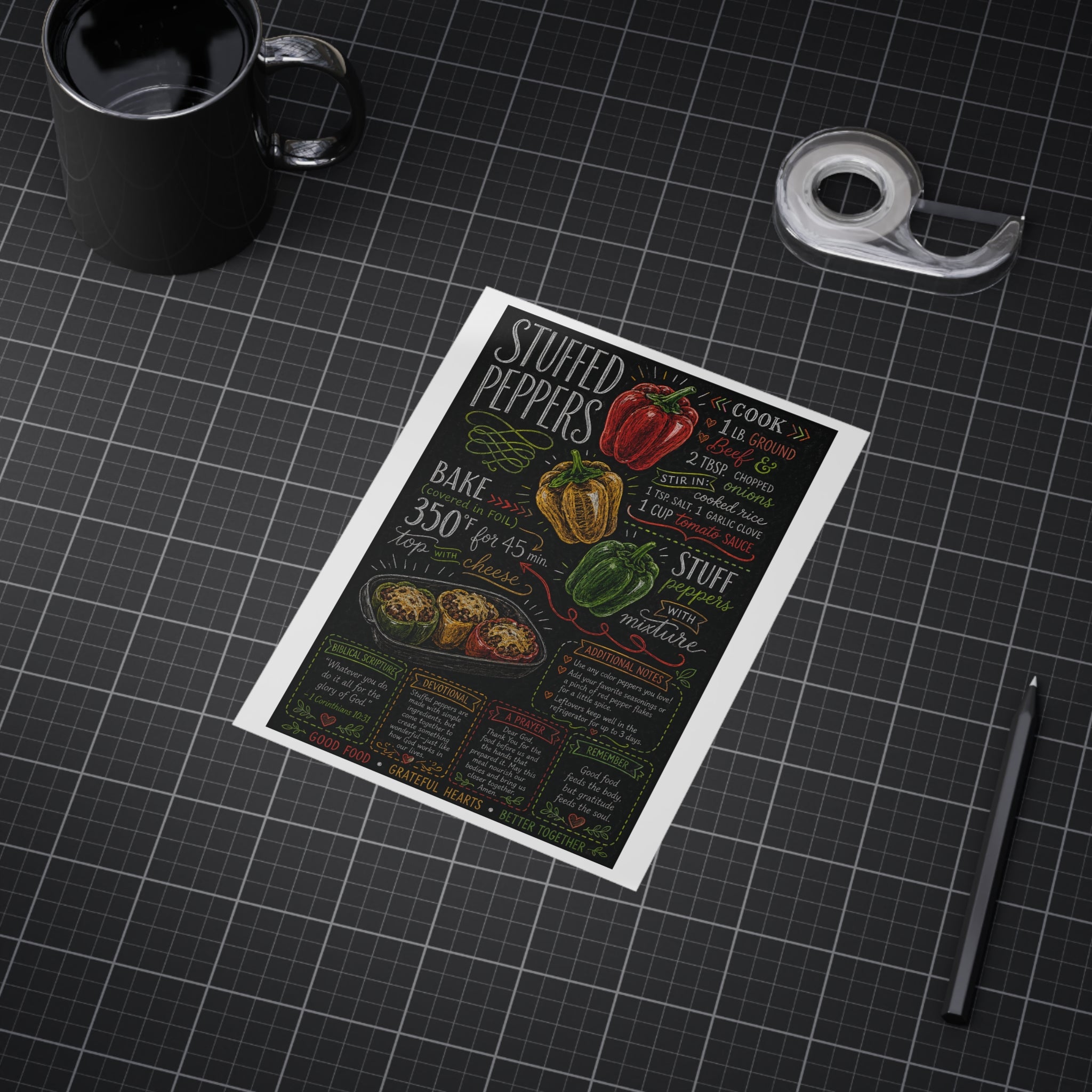 Stuffed Peppers Recipe Print Unframed | Kitchen Art, Chalkboard Recipe Poster