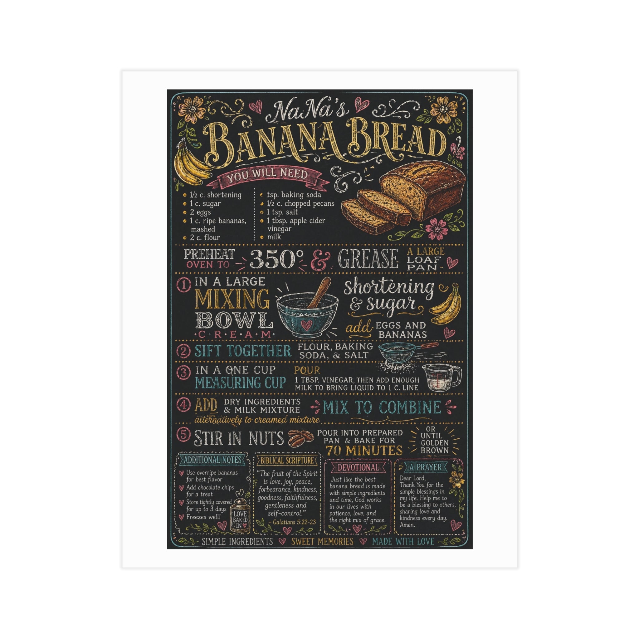 Banana Bread Recipe Chalkboard Print Unframed Prints | Kitchen Wall Art, Baking Decor