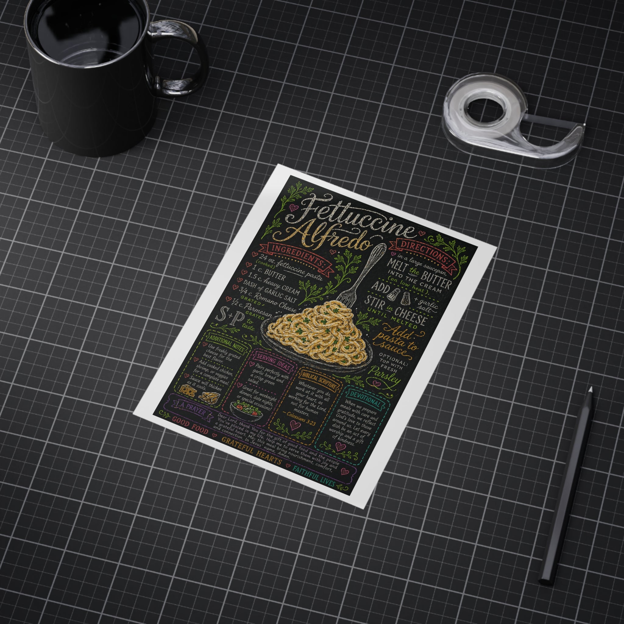 Fettuccine Alfredo Recipe Print Unframed | Pasta Kitchen Chalkboard Art