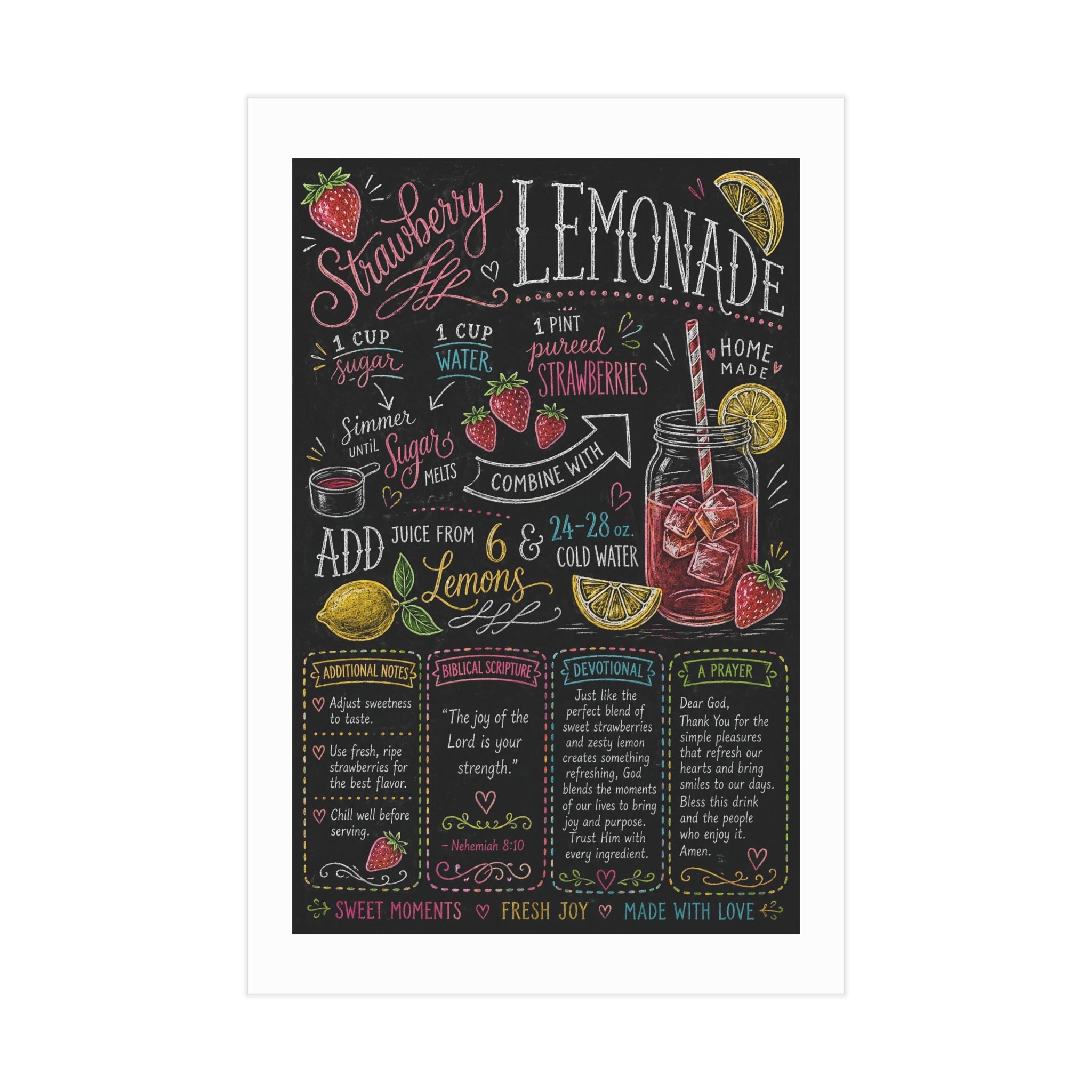 Strawberry Lemonade Recipe Print Unframed Print | Kitchen Chalkboard Art